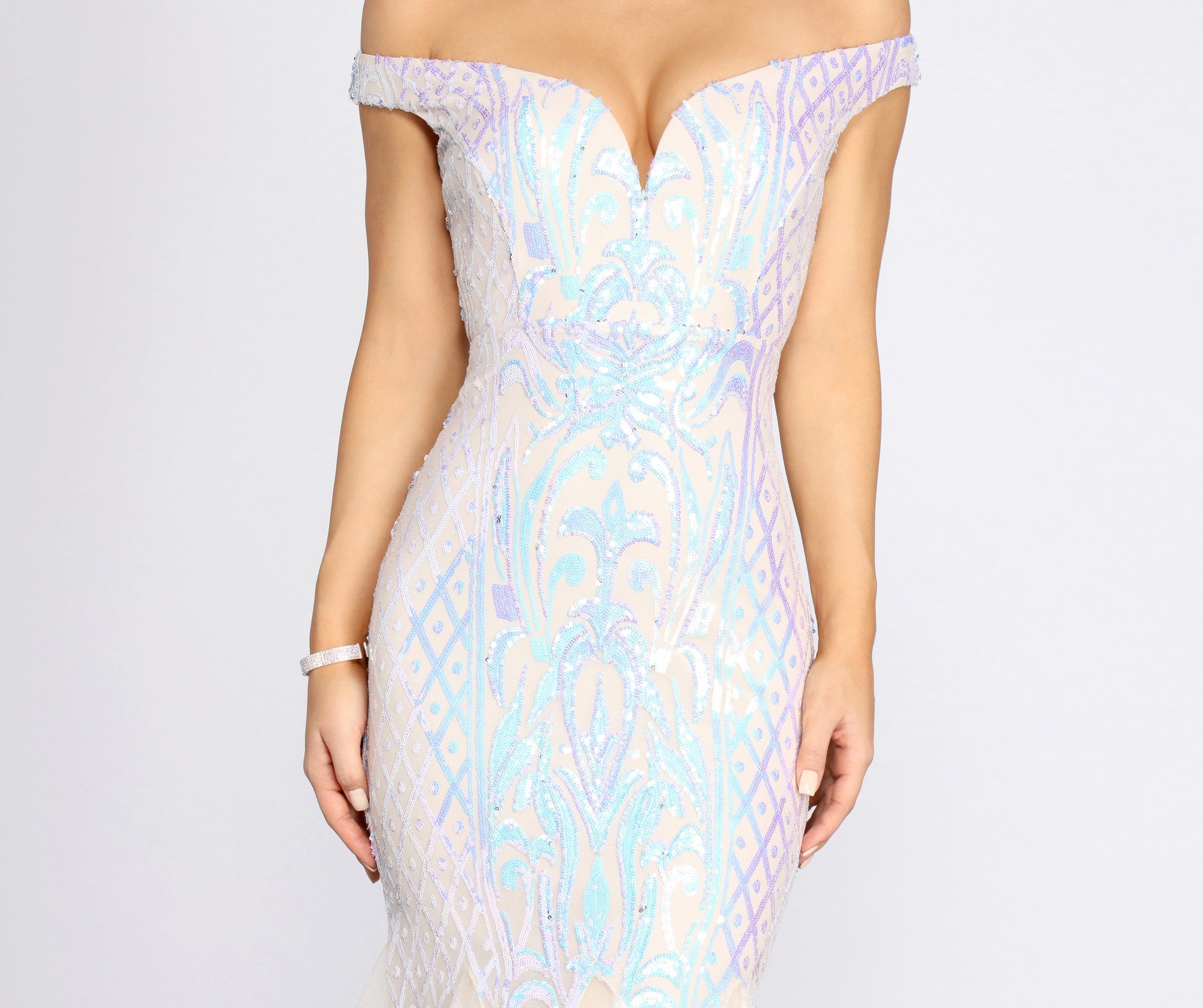 Andrina Iridescent Sequin & Tulle Off Shoulder Mermaid Dress - Lady Occasions