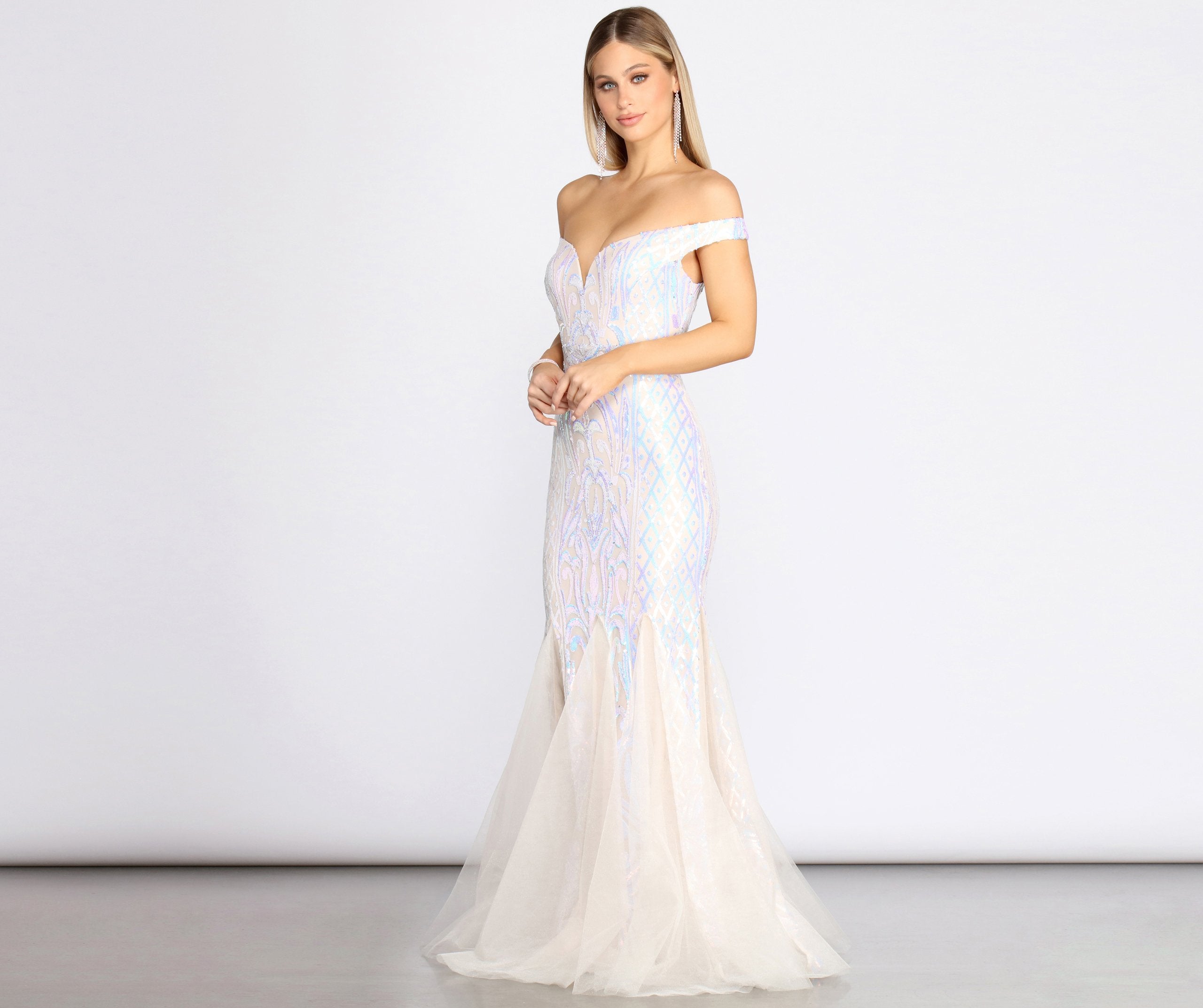 Andrina Iridescent Sequin & Tulle Off Shoulder Mermaid Dress - Lady Occasions