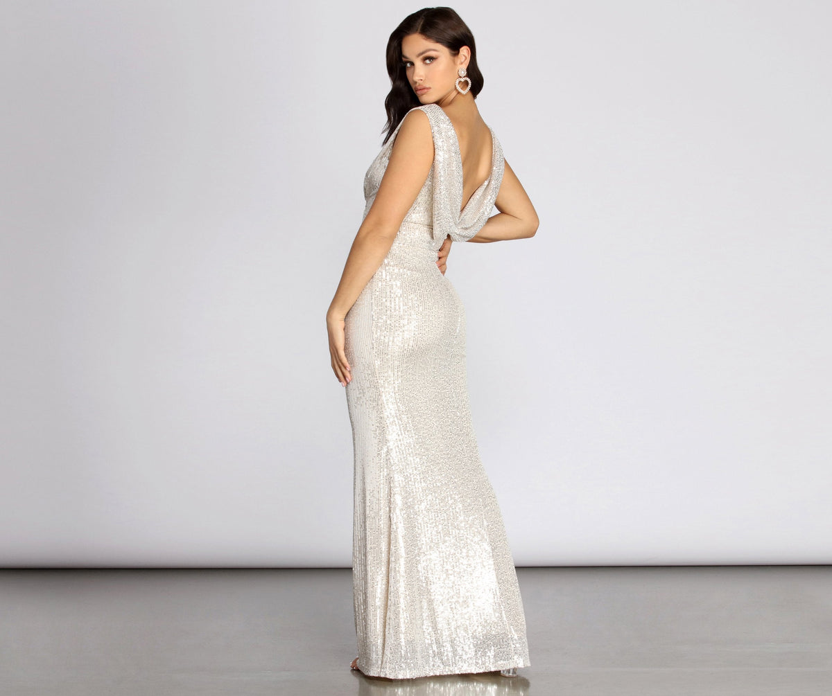 Diane Sequin Drape Back Formal Dress - Lady Occasions