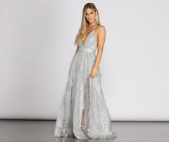 Janica Plunging Glitter A-Line Dress - Lady Occasions