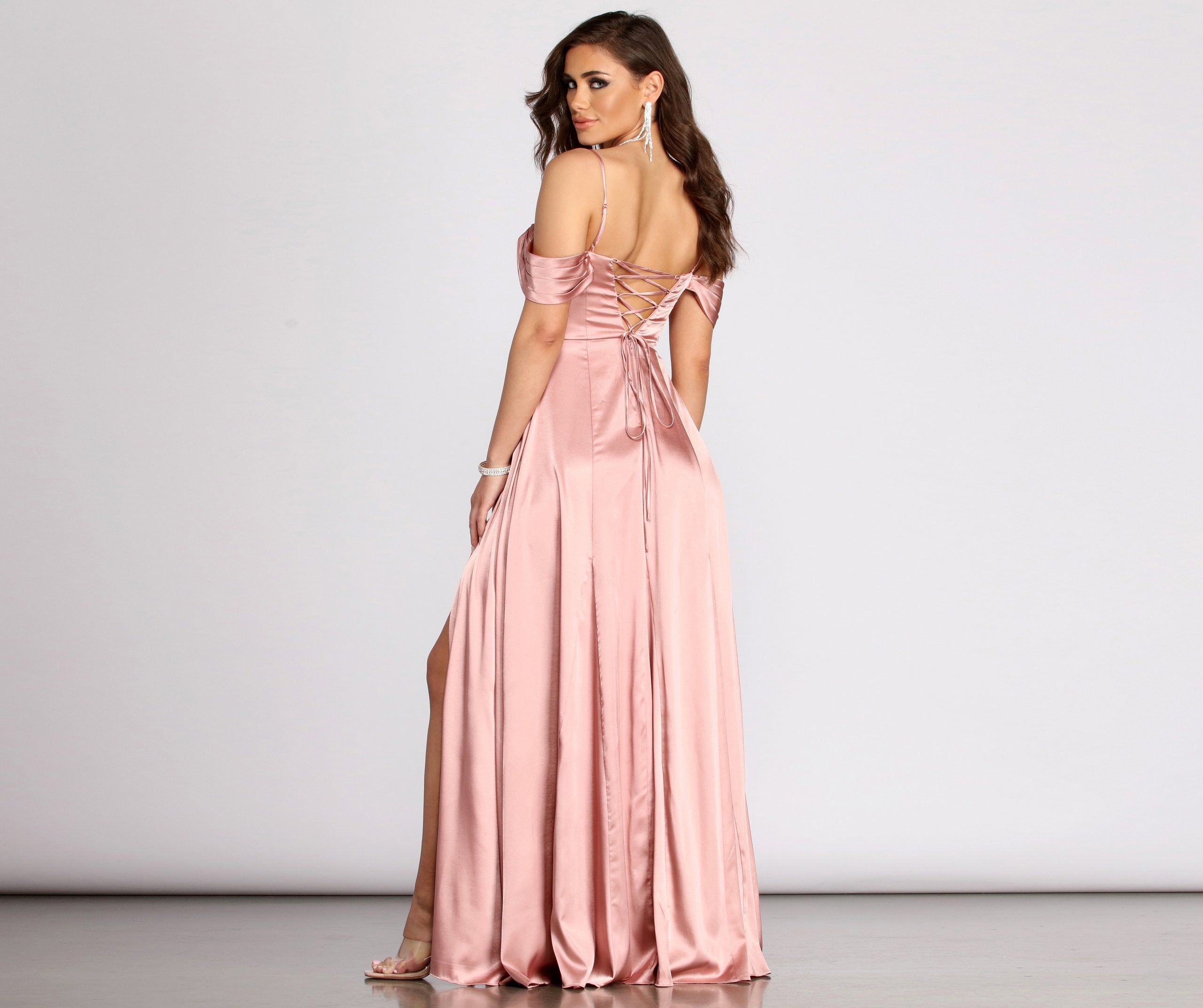 Cassia Lace-Up Back Off Shoulder Satin Dress - Lady Occasions