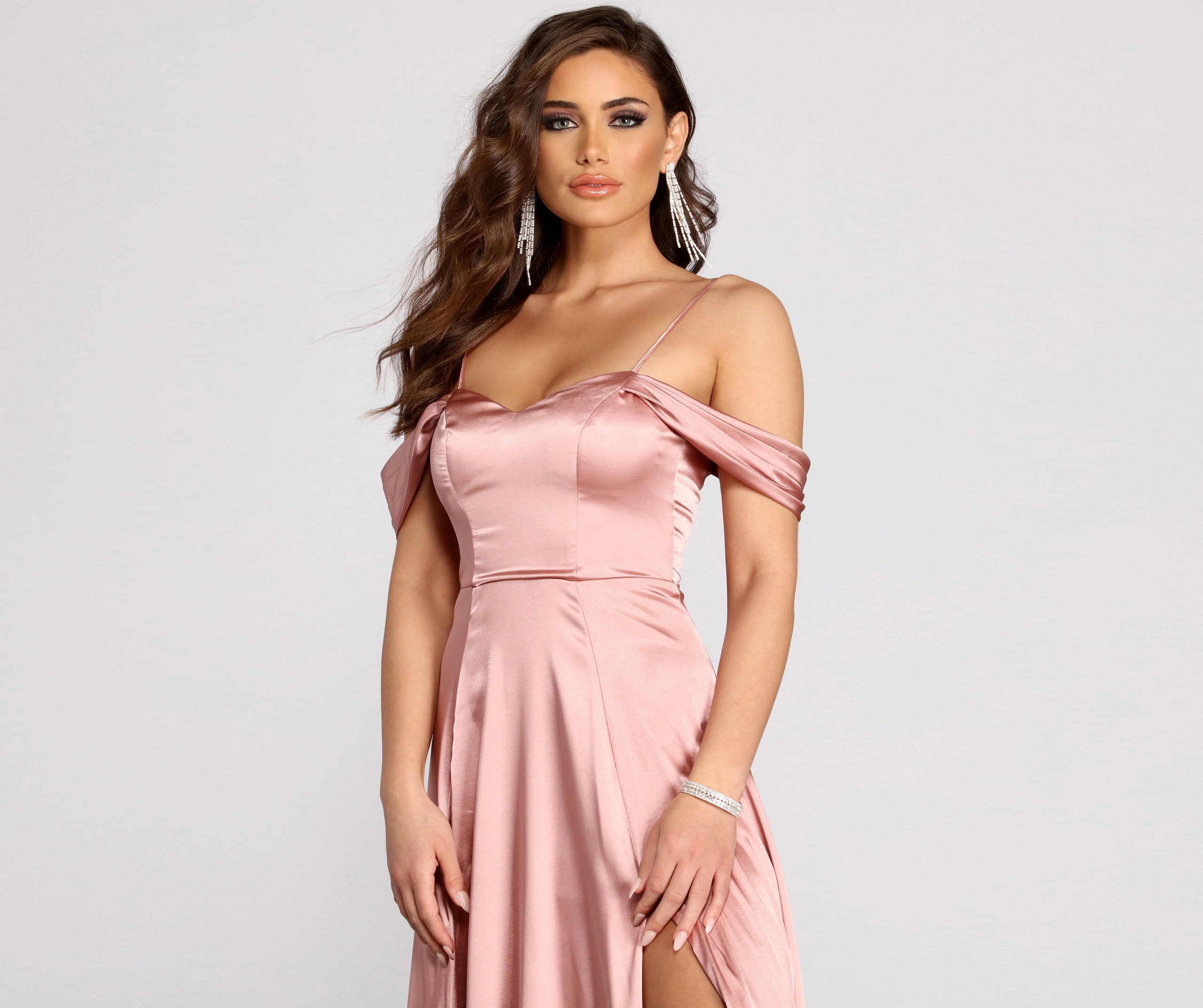 Cassia Lace-Up Back Off Shoulder Satin Dress - Lady Occasions