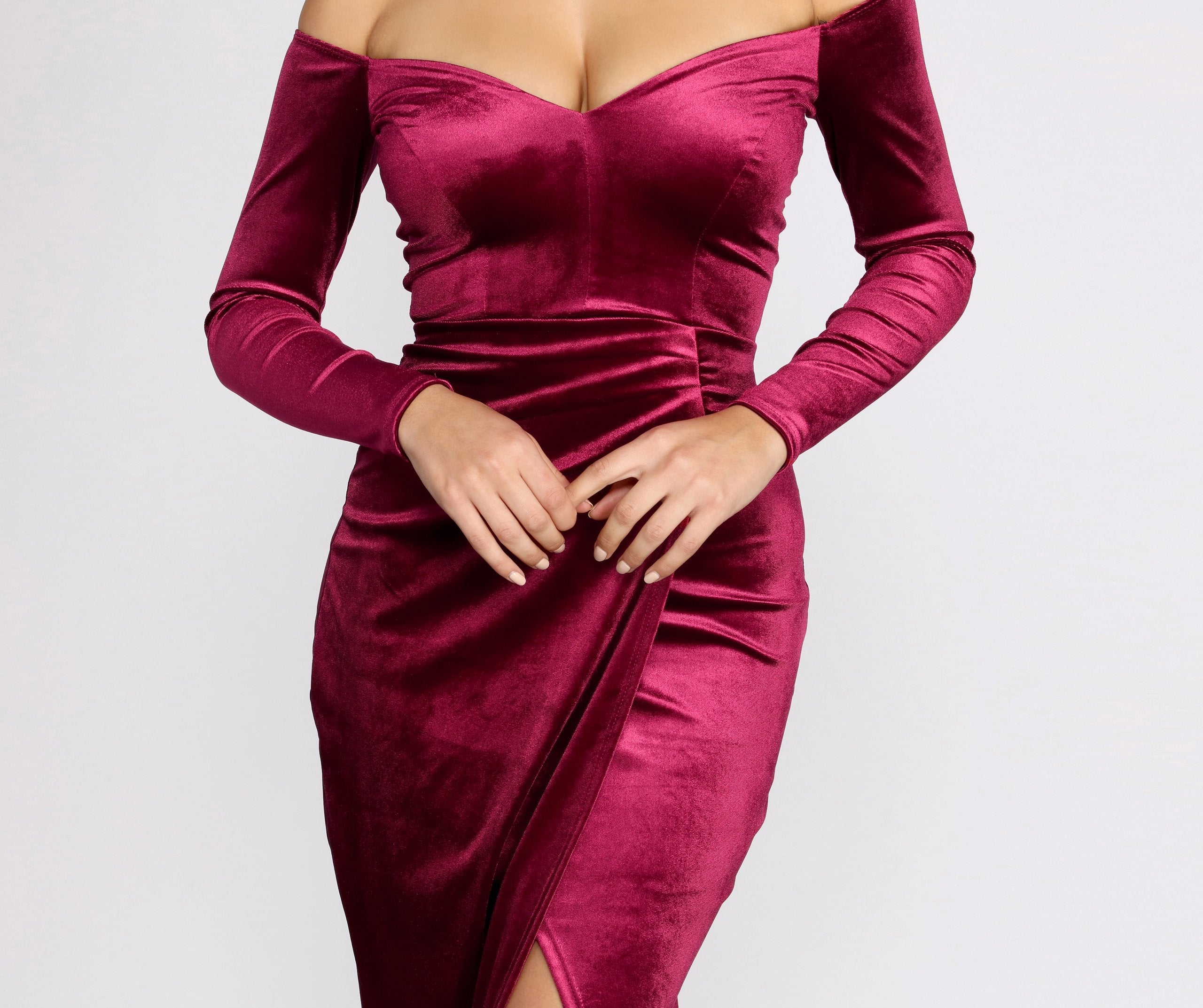 Celeste Off The Shoulder Wrap Front Velvet Dress - Lady Occasions