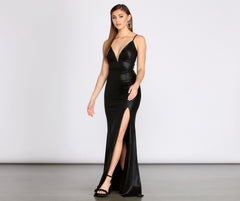 Cyra Metallic Deep V High Slit Dress - Lady Occasions