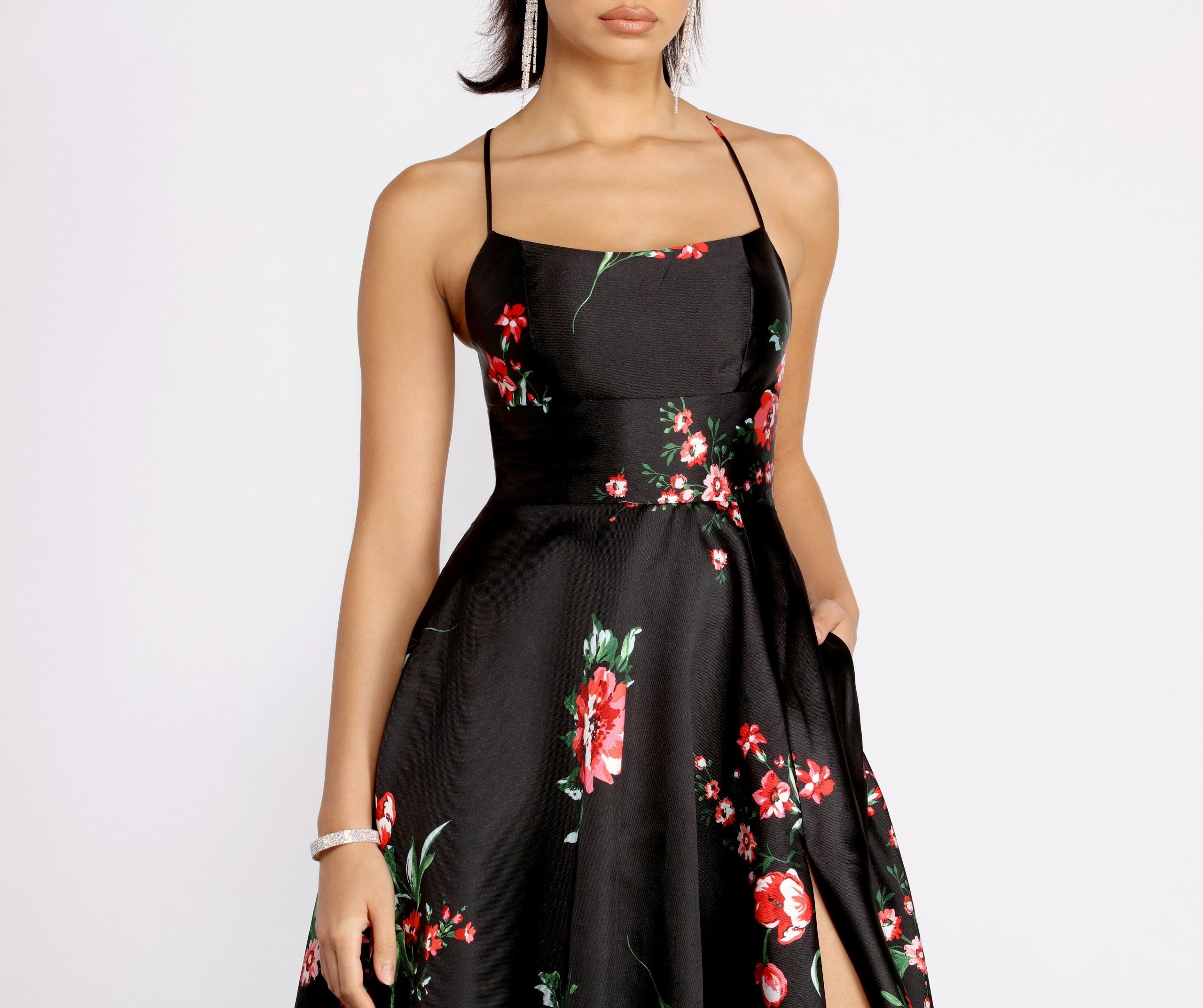 Catia Lace Up Back Floral A-Line Dress - Lady Occasions