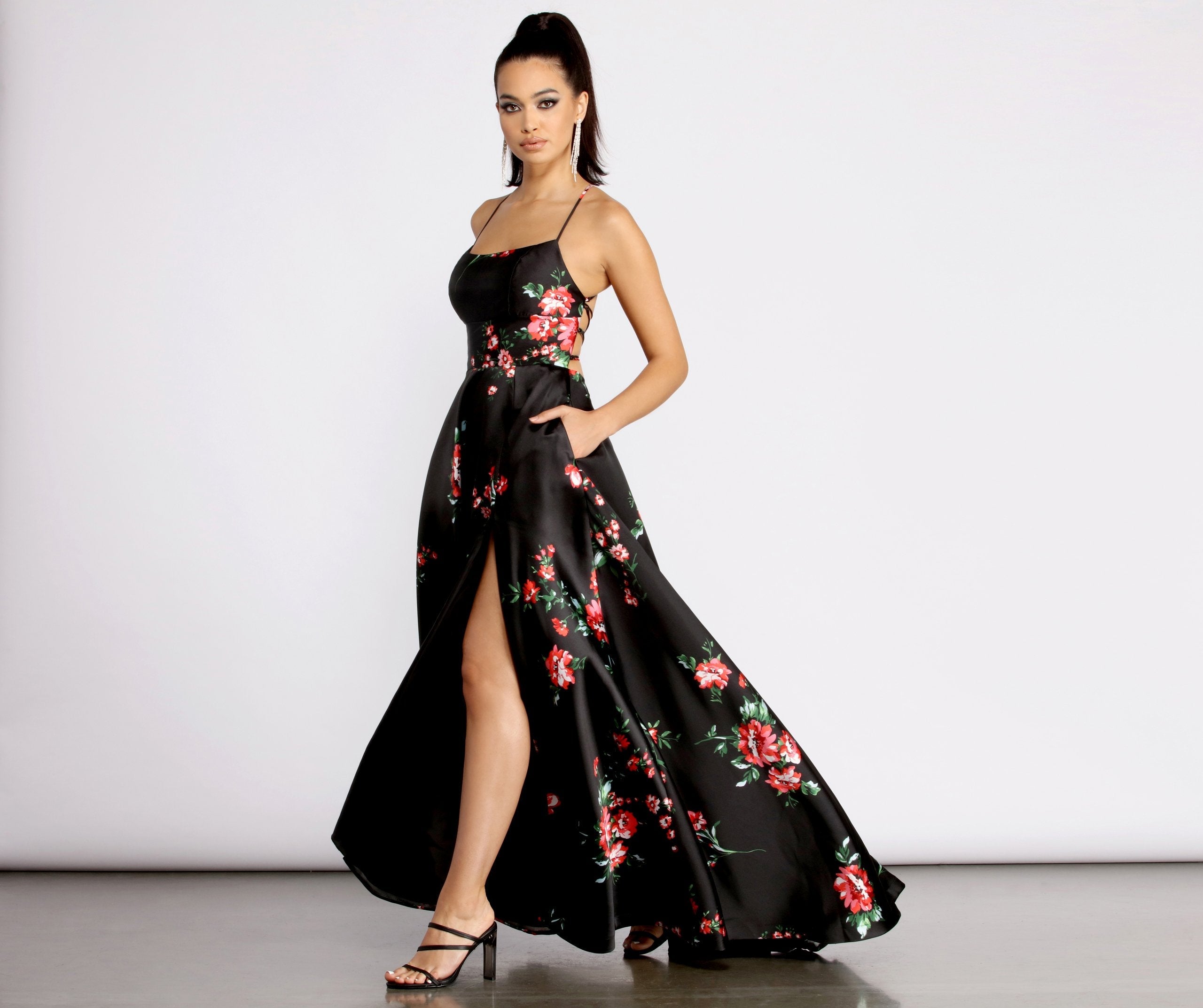 Catia Lace Up Back Floral A-Line Dress - Lady Occasions