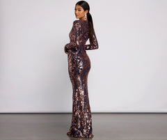 Ayla Formal Long Sleeve Sequin Scroll Dress - Lady Occasions
