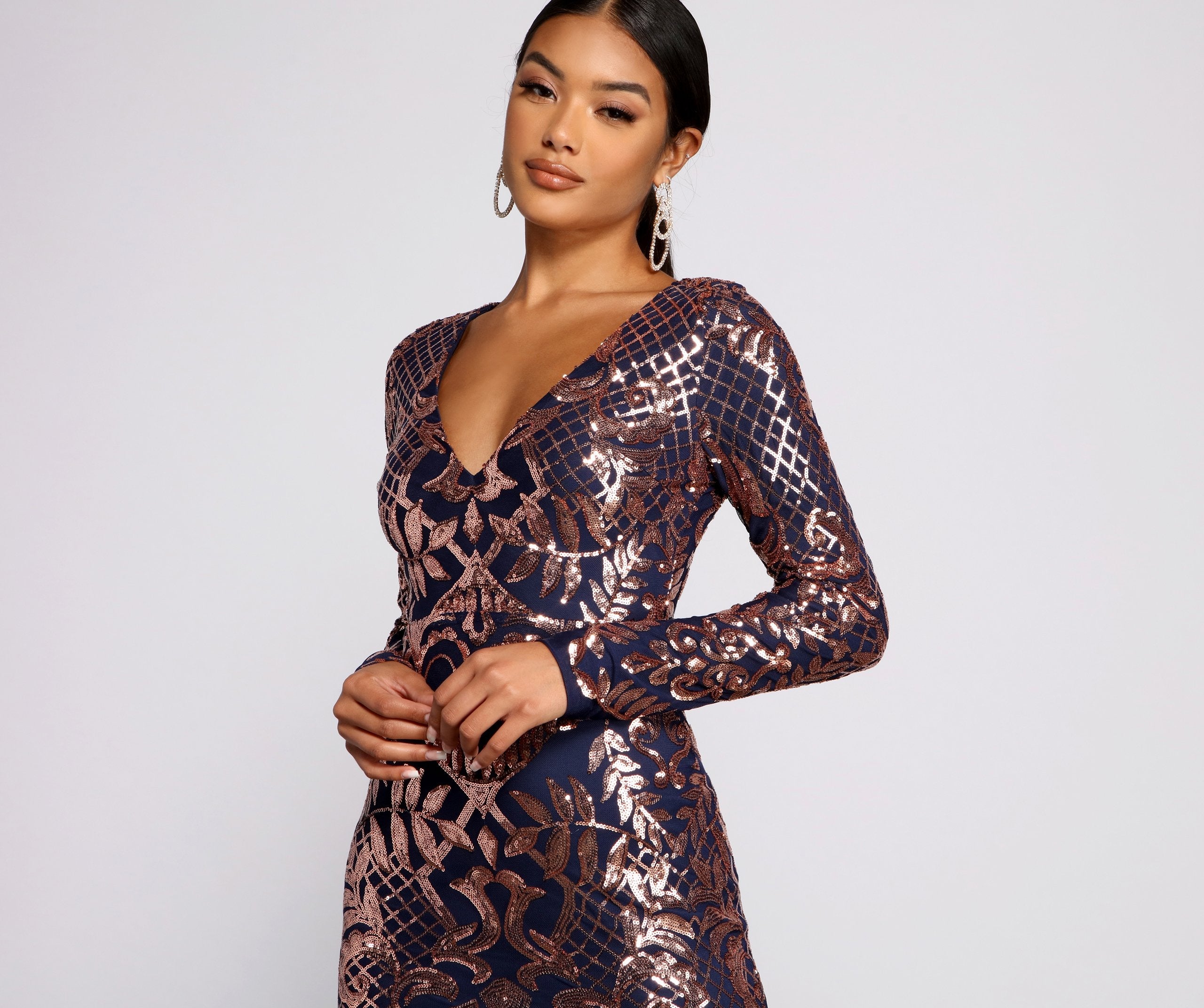 Ayla Formal Long Sleeve Sequin Scroll Dress - Lady Occasions