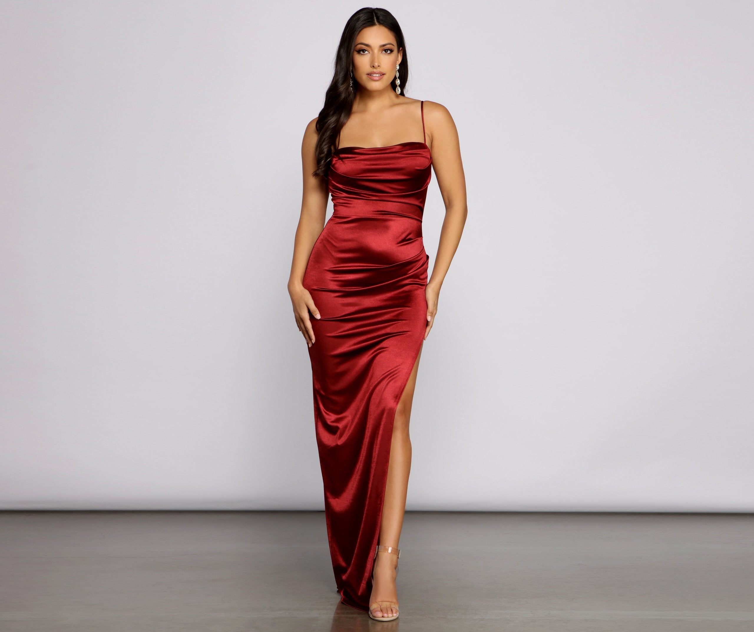 Gemma Formal High Slit Satin Dress - Lady Occasions