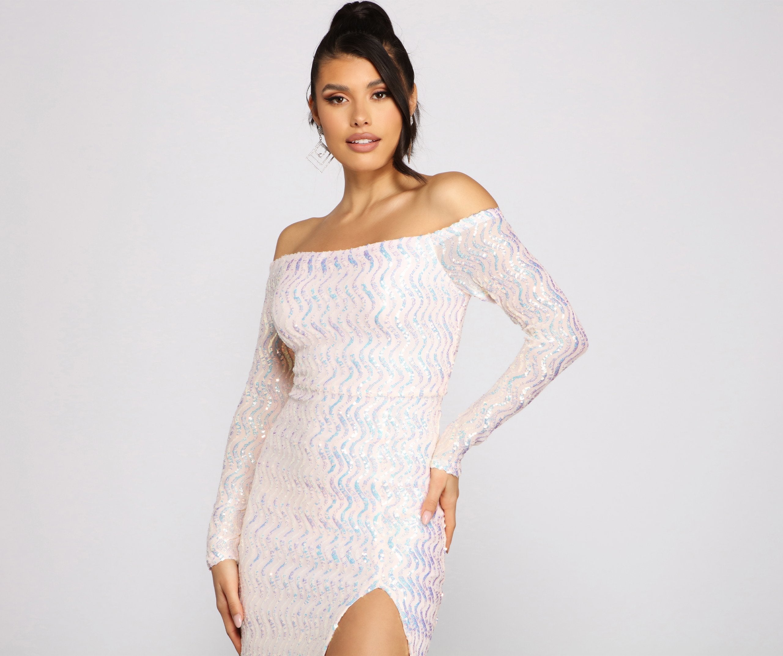 Gracie Formal Off The Shoulder Iridescent Sequin Dress - Lady Occasions