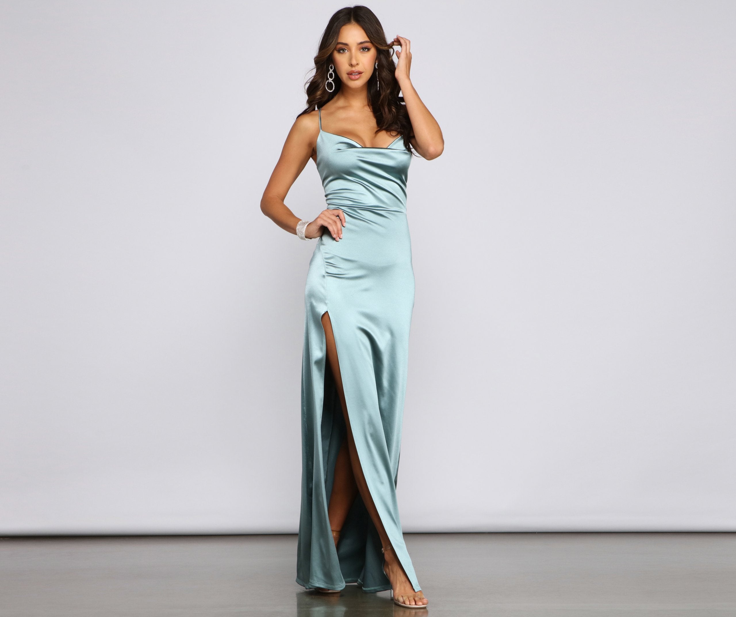 Cassie Sleeveless Satin High Slit Formal Dress - Lady Occasions