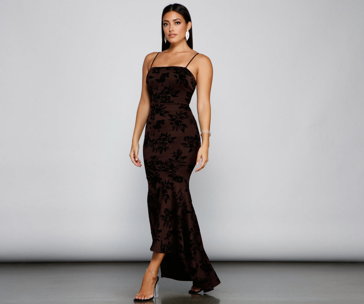 Phoebe Formal Velvet Flocked Mermaid Dress - Lady Occasions