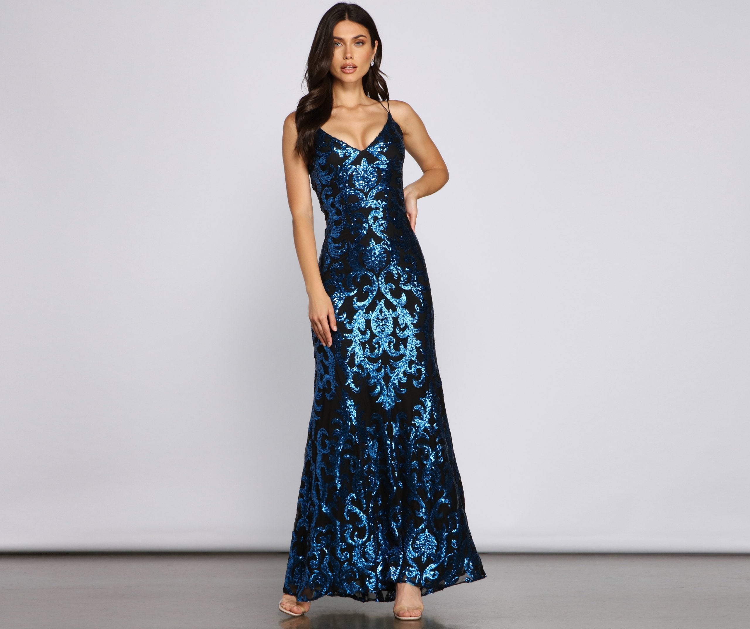 Sequined Dress with Low-cut Back - Dark blue - Ladies