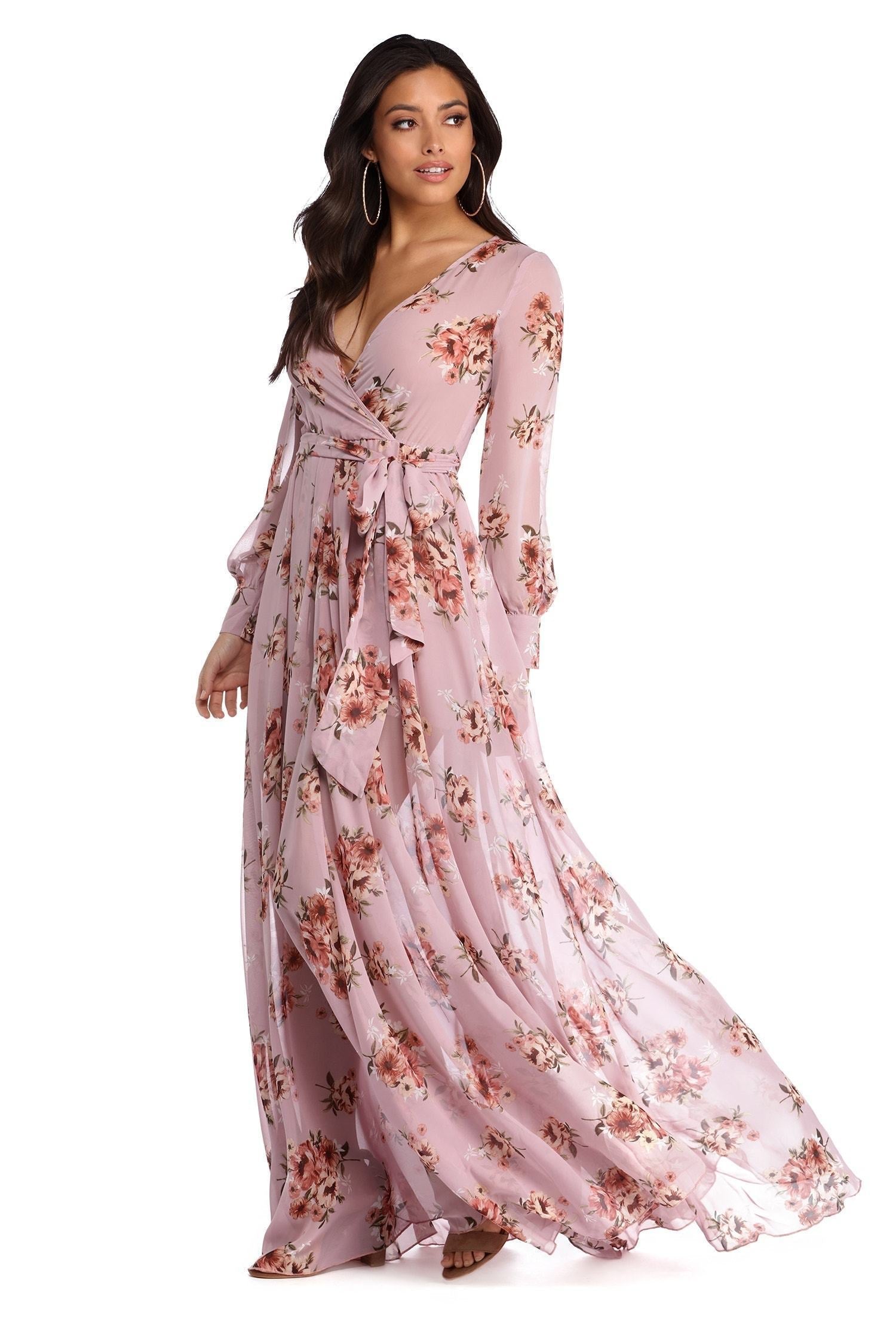 Jennifer Floral Wrap Chiffon Dress - Lady Occasions