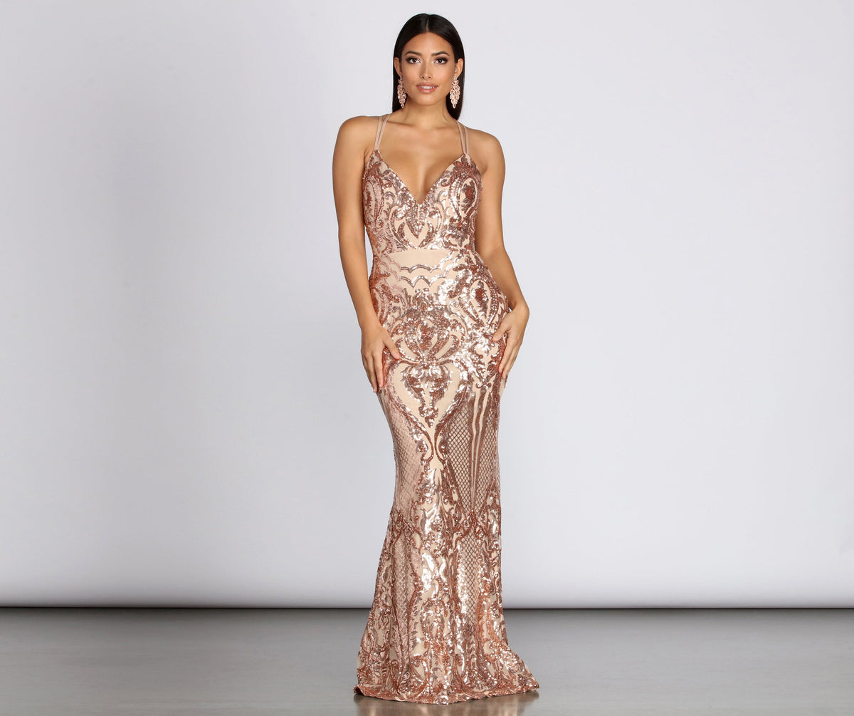 Julieanne Formal Sequin Scroll Dress - Lady Occasions