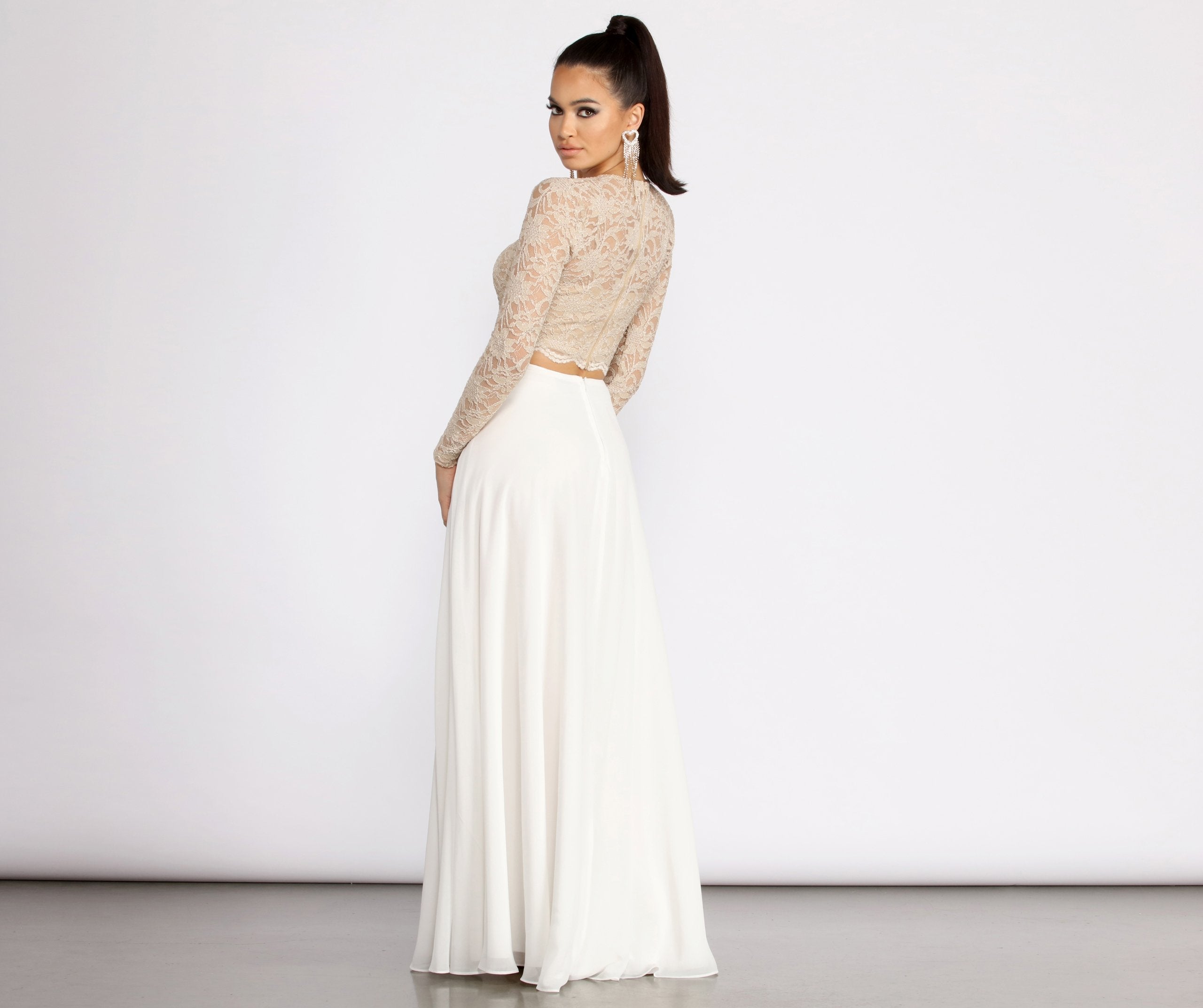 Baylee Scallop Glitter Lace Two Piece Chiffon Dress - Lady Occasions