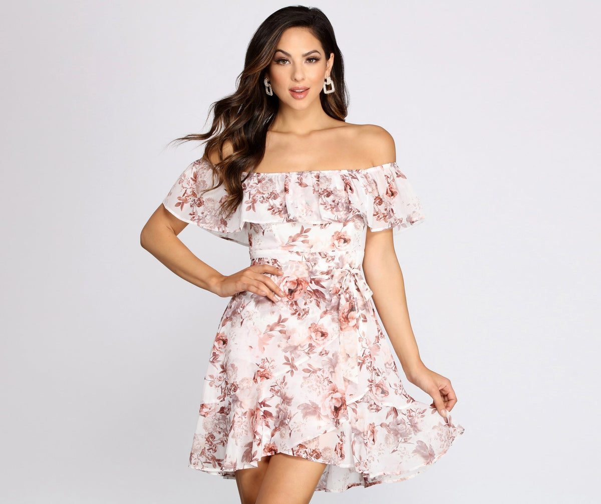 Playful Petals Floral Chiffon Off Shoulder Mini Dress - Lady Occasions