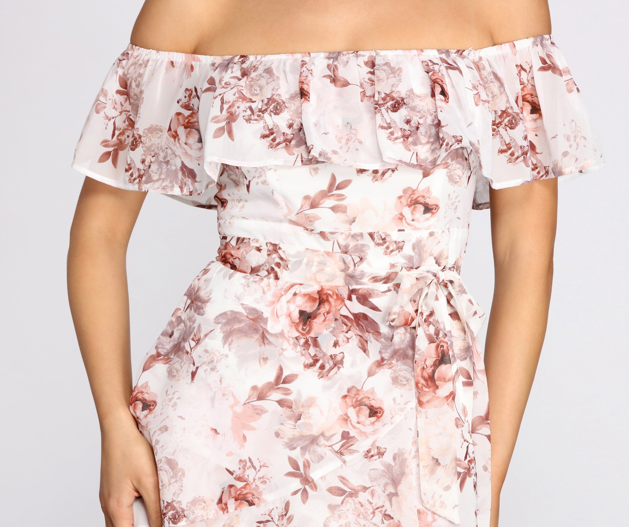 Playful Petals Floral Chiffon Off Shoulder Mini Dress - Lady Occasions