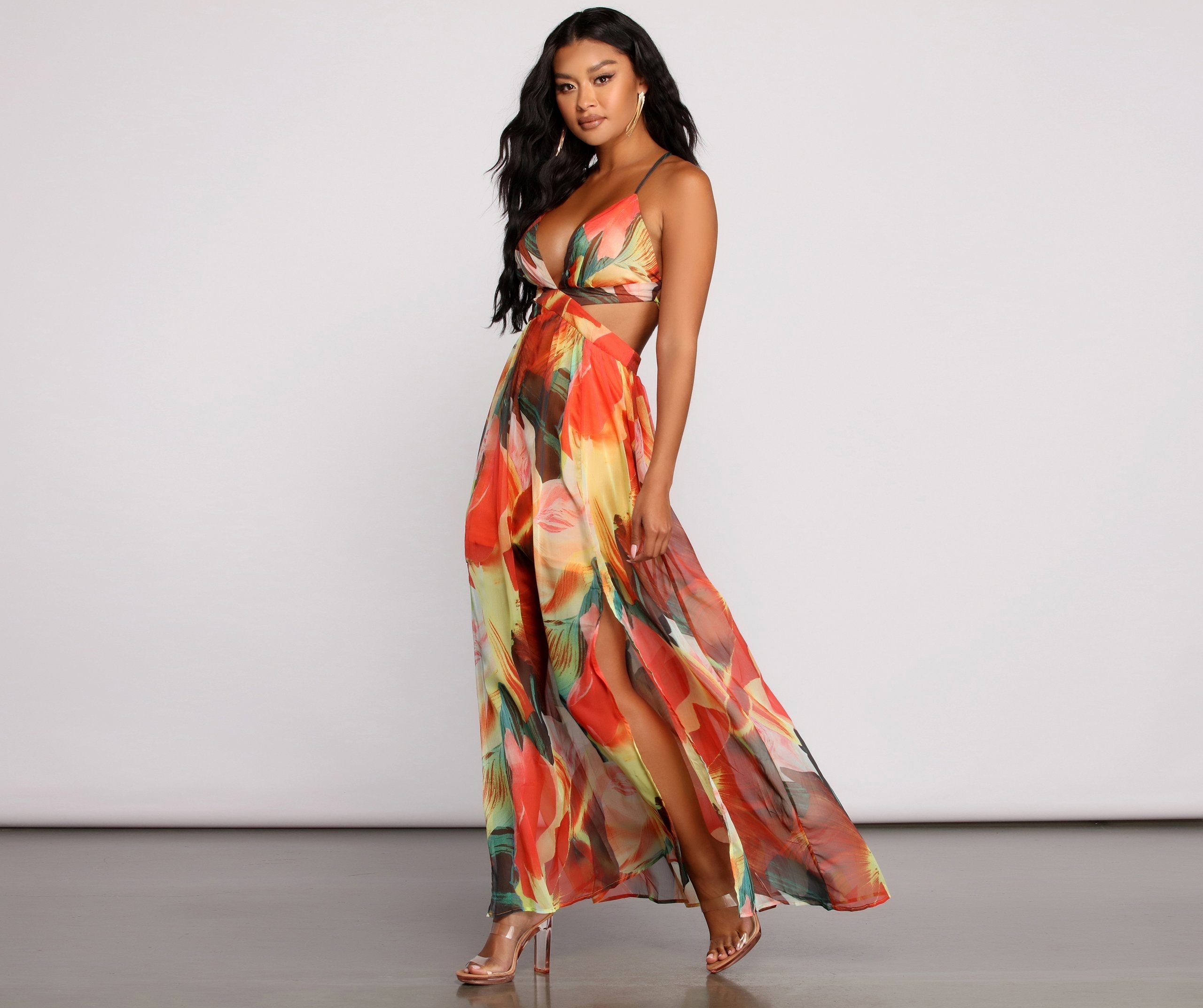 Brighter Vibes Lace-Up Chiffon Maxi Dress - Lady Occasions