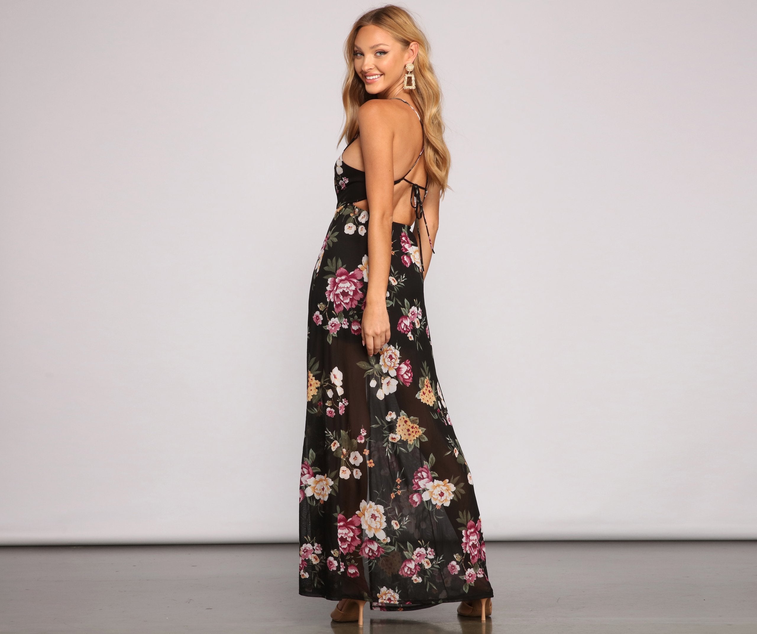 Pop Of Floral Mesh Maxi Dress - Lady Occasions