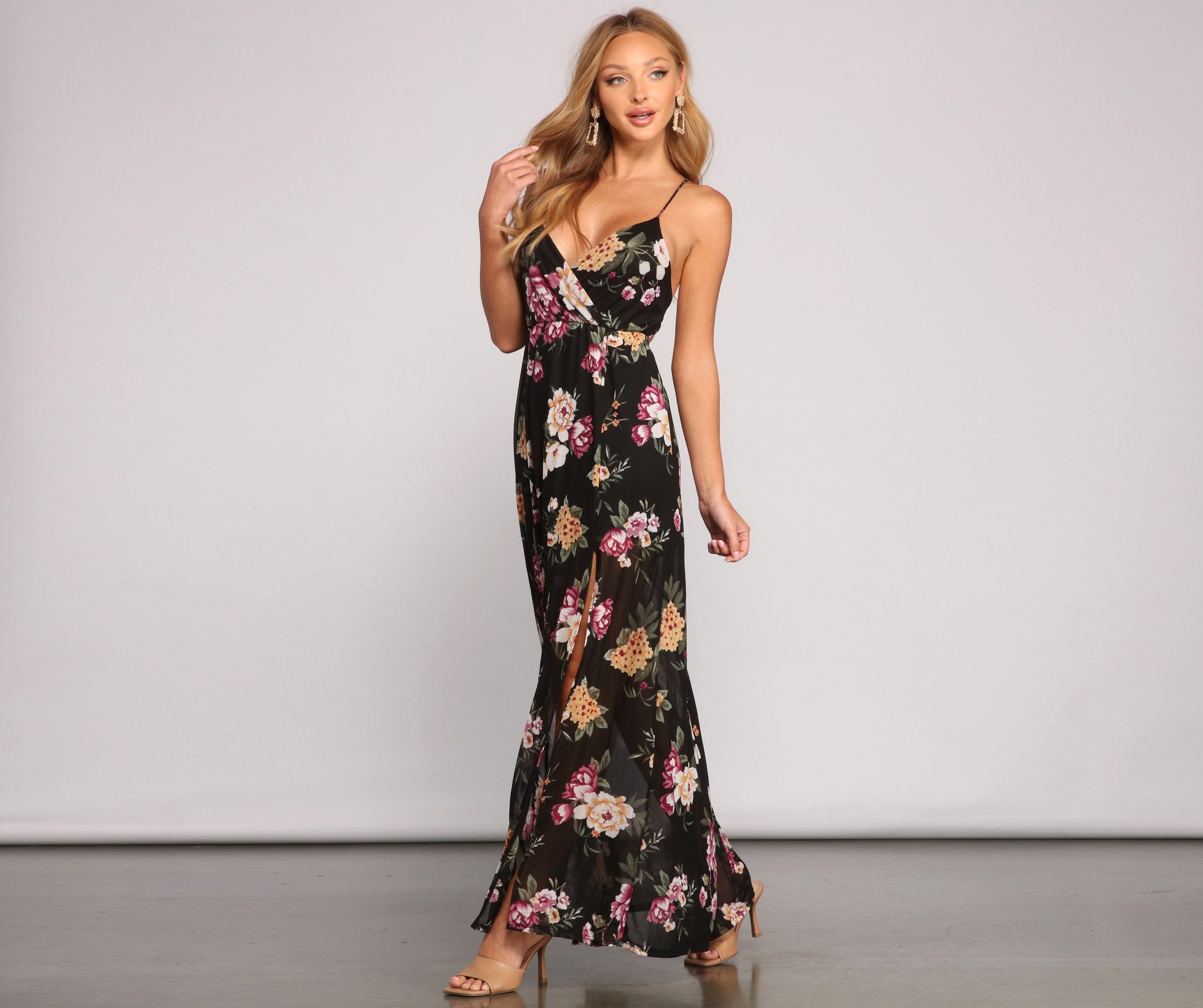 Pop Of Floral Mesh Maxi Dress - Lady Occasions