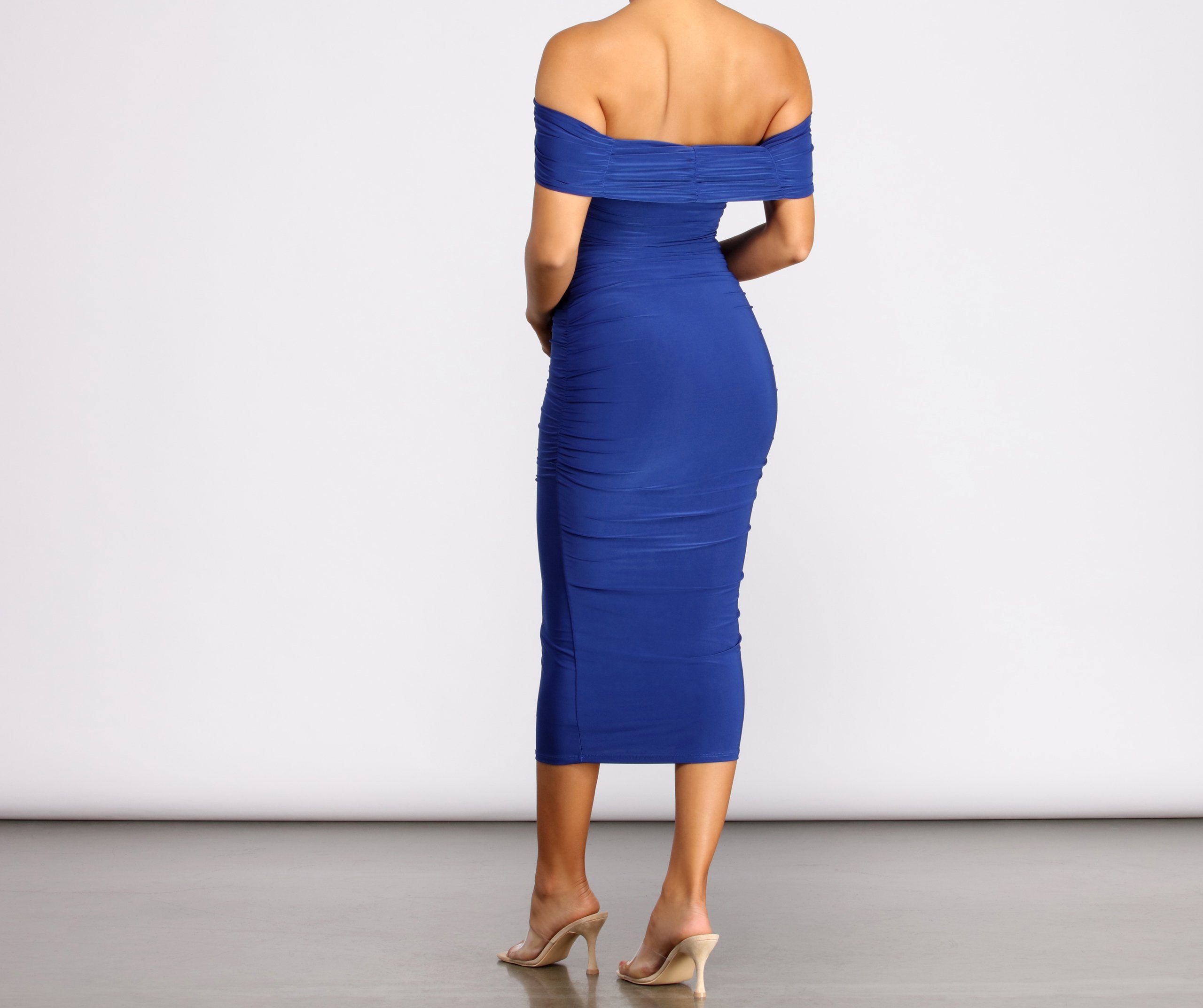 Off Shoulder Ruched Midi Dress - Lady Occasions