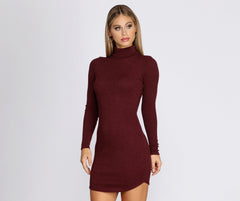 Turtleneck Long Sleeve Ribbed Knit Mini Dress - Lady Occasions