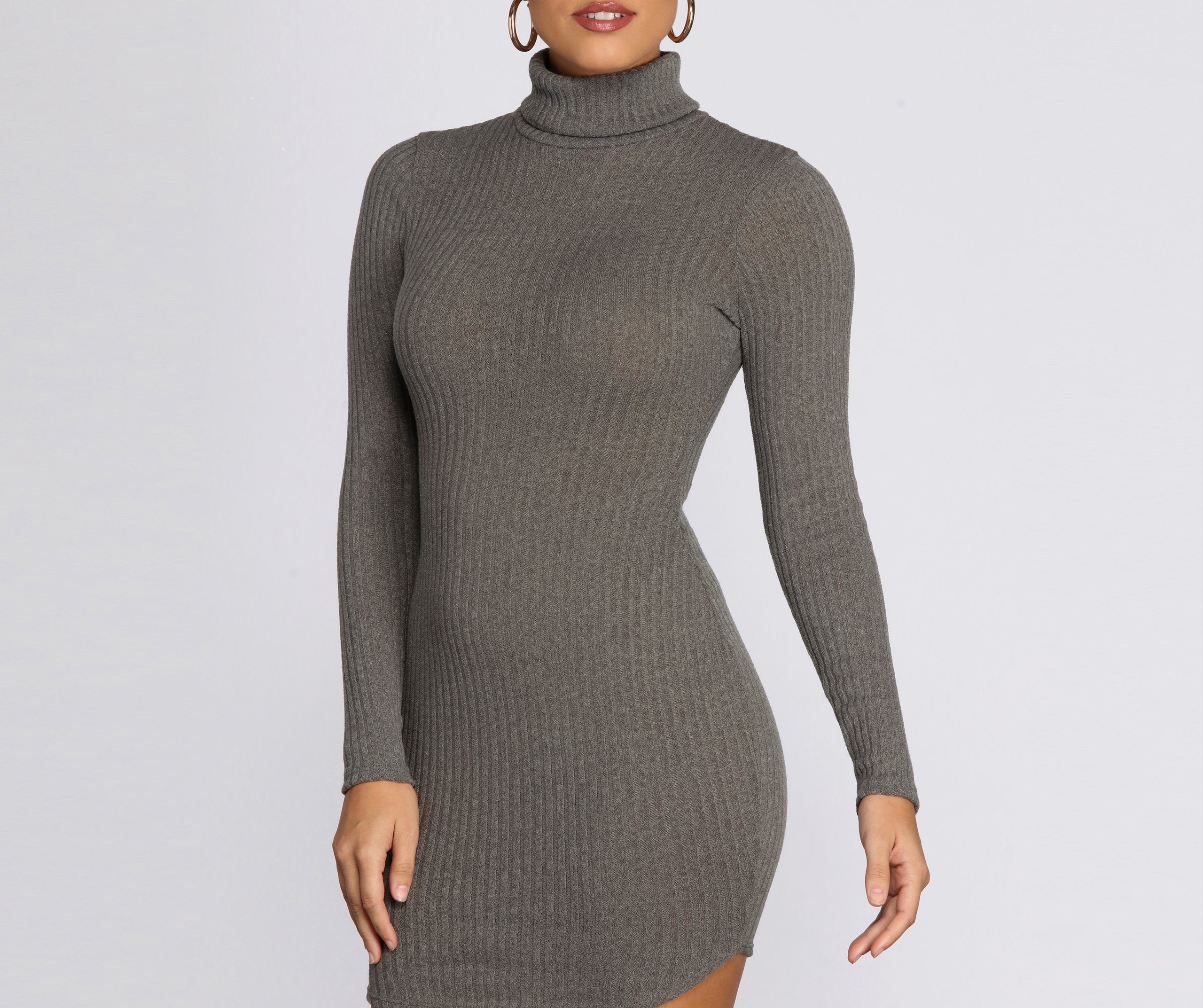 Turtleneck Long Sleeve Ribbed Knit Mini Dress - Lady Occasions