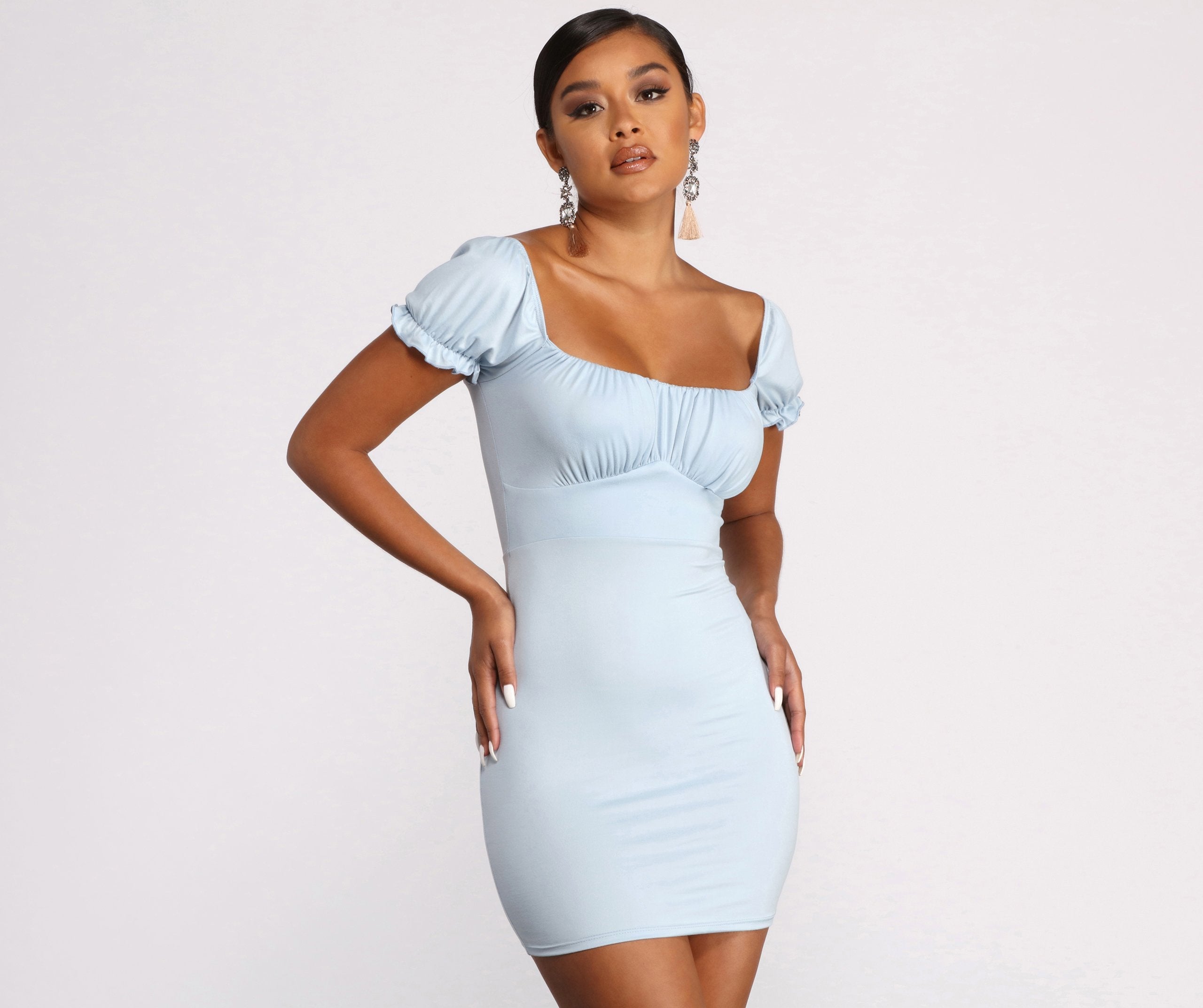 Puff Sleeve Ruched Knit Mini Dress - Lady Occasions