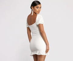 Ruffled Eyelet Puff Sleeve Mini Dress - Lady Occasions