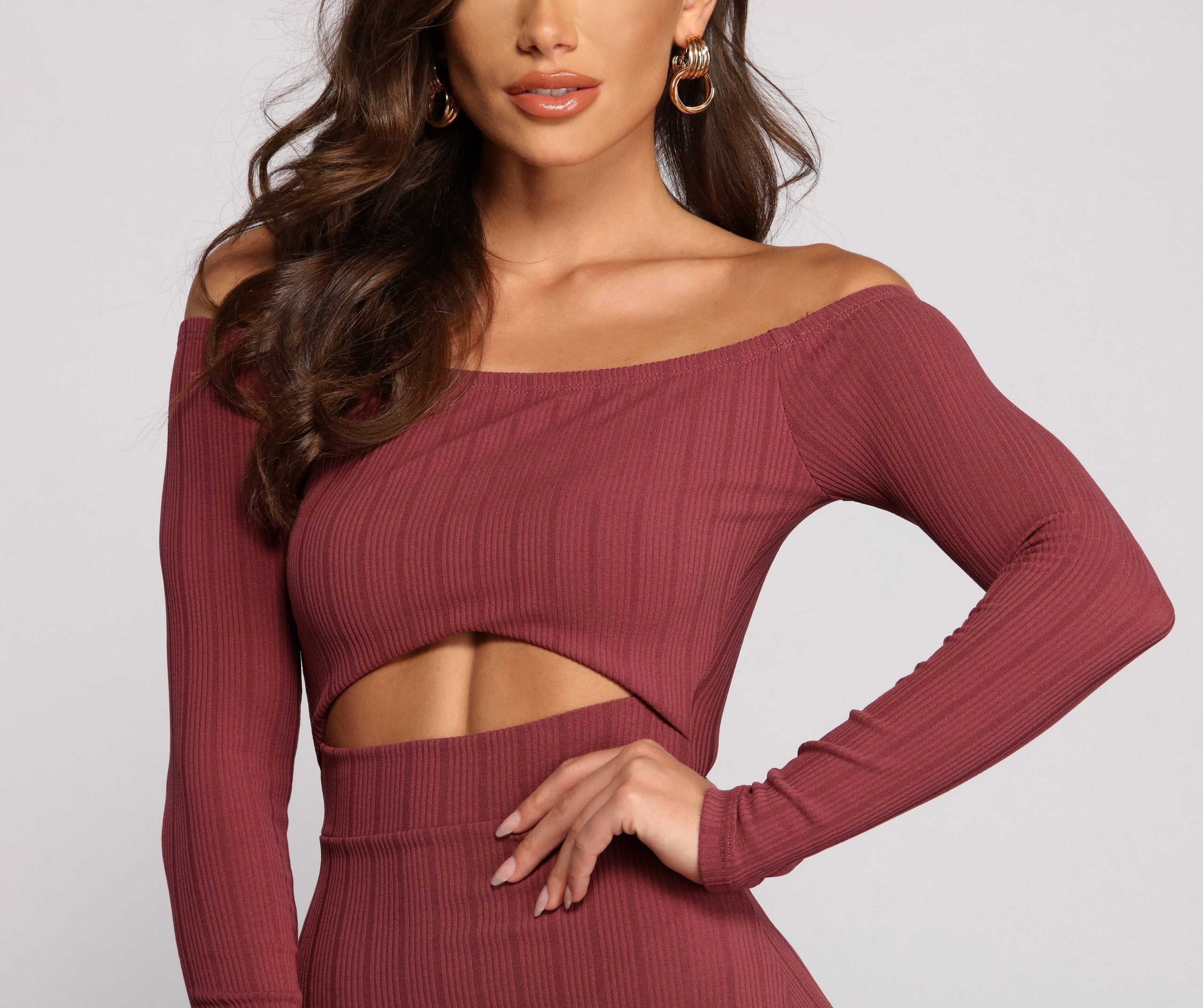 Off The Shoulder Ribbed Cutout Mini Dress - Lady Occasions