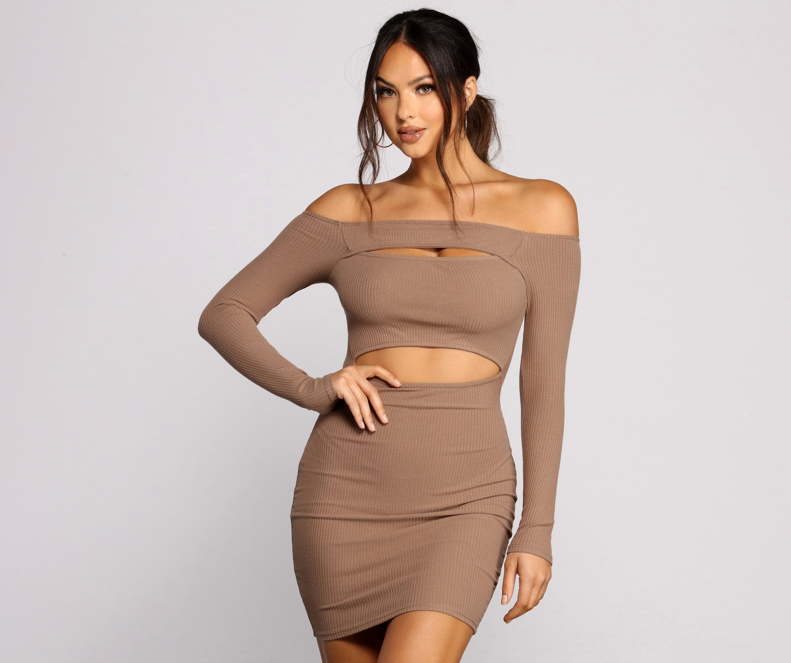 Off The Shoulder Ribbed Knit Cutout Mini Dress - Lady Occasions