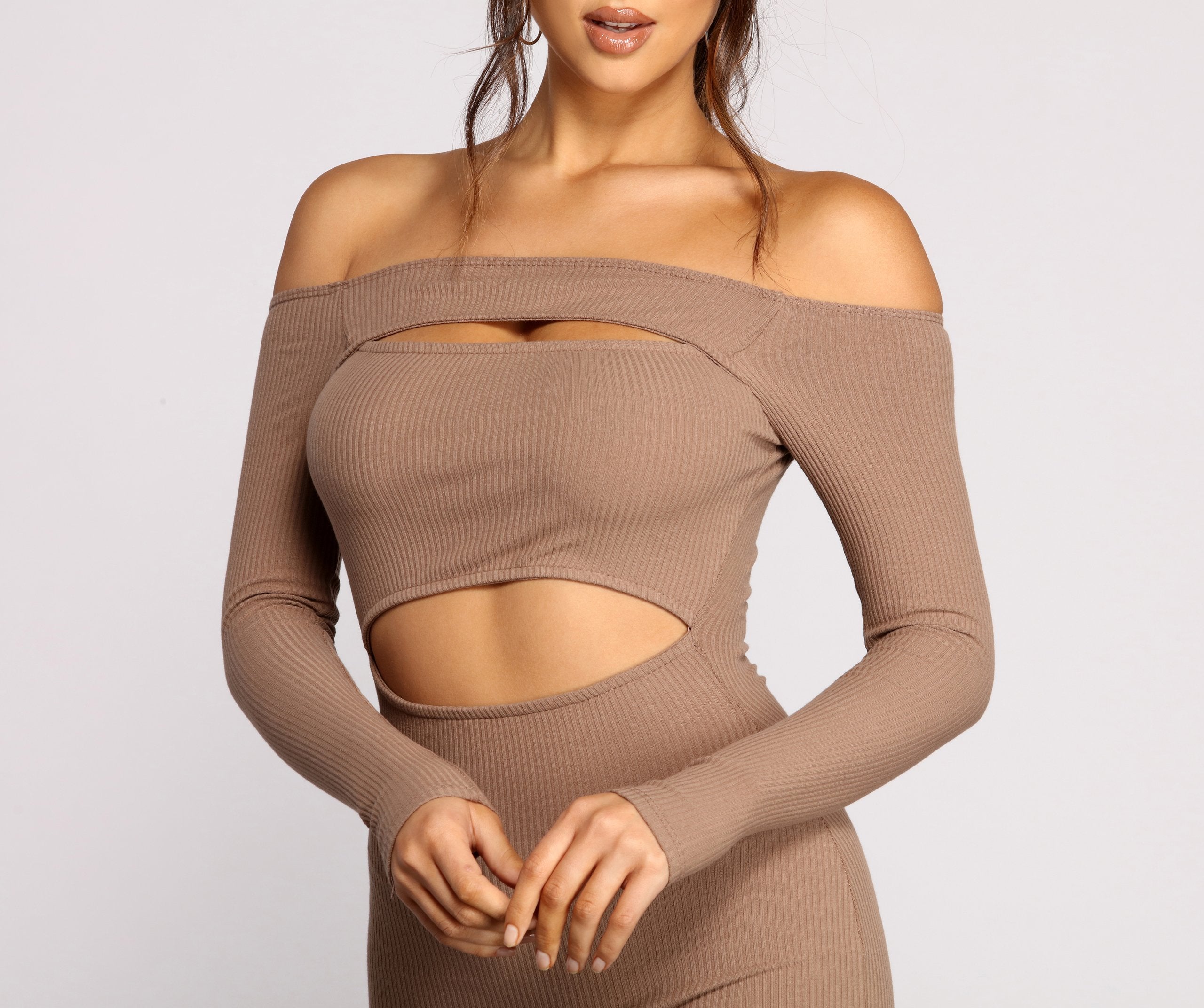 Off The Shoulder Ribbed Knit Cutout Mini Dress - Lady Occasions