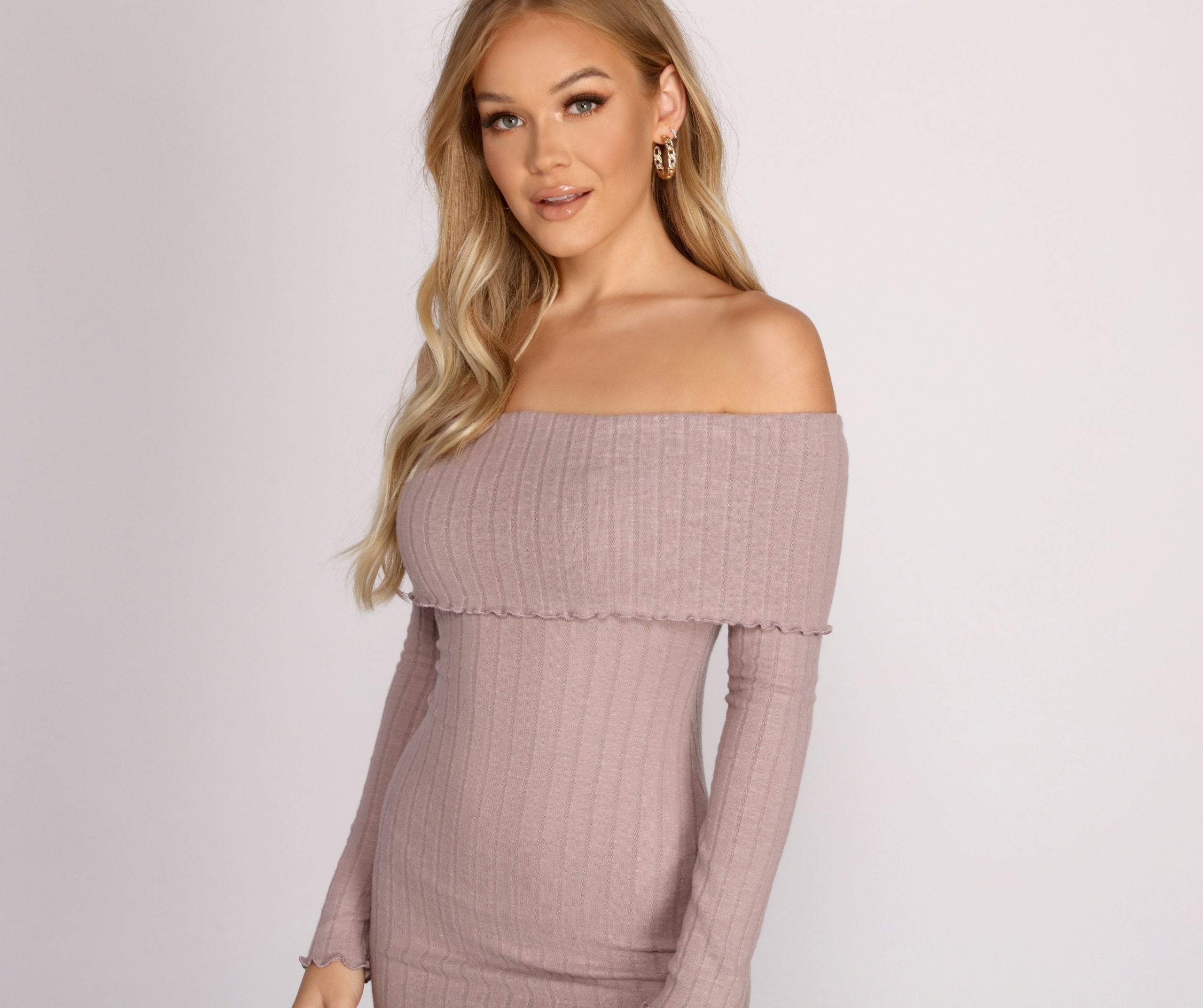 Off The Shoulder Brushed Knit Mini Dress - Lady Occasions