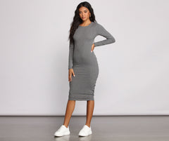 Open Back Ruched Ribbed Knit Midi Dress - Lady Occasions