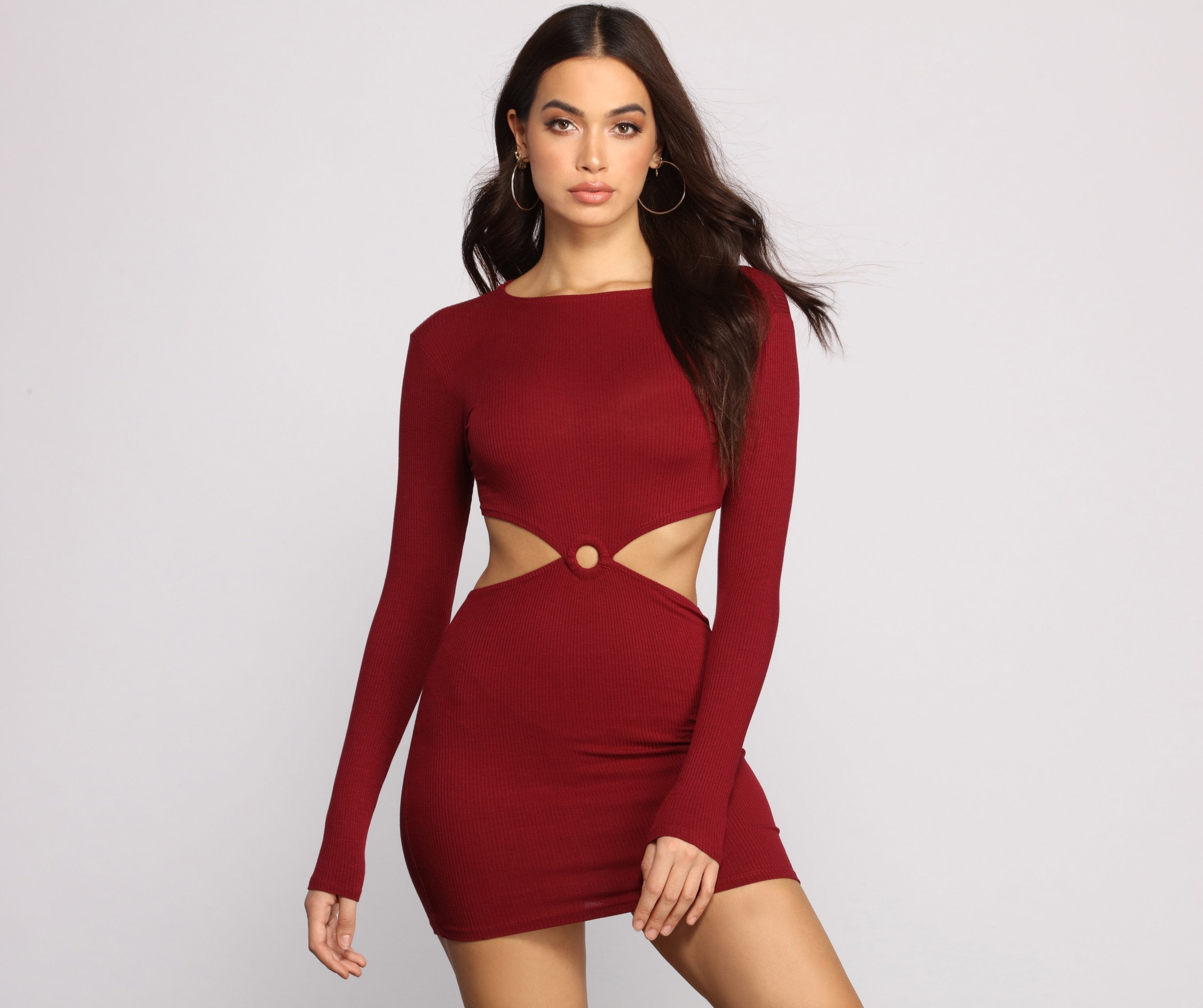 Ribbed Knit O-Ring Mini Dress - Lady Occasions