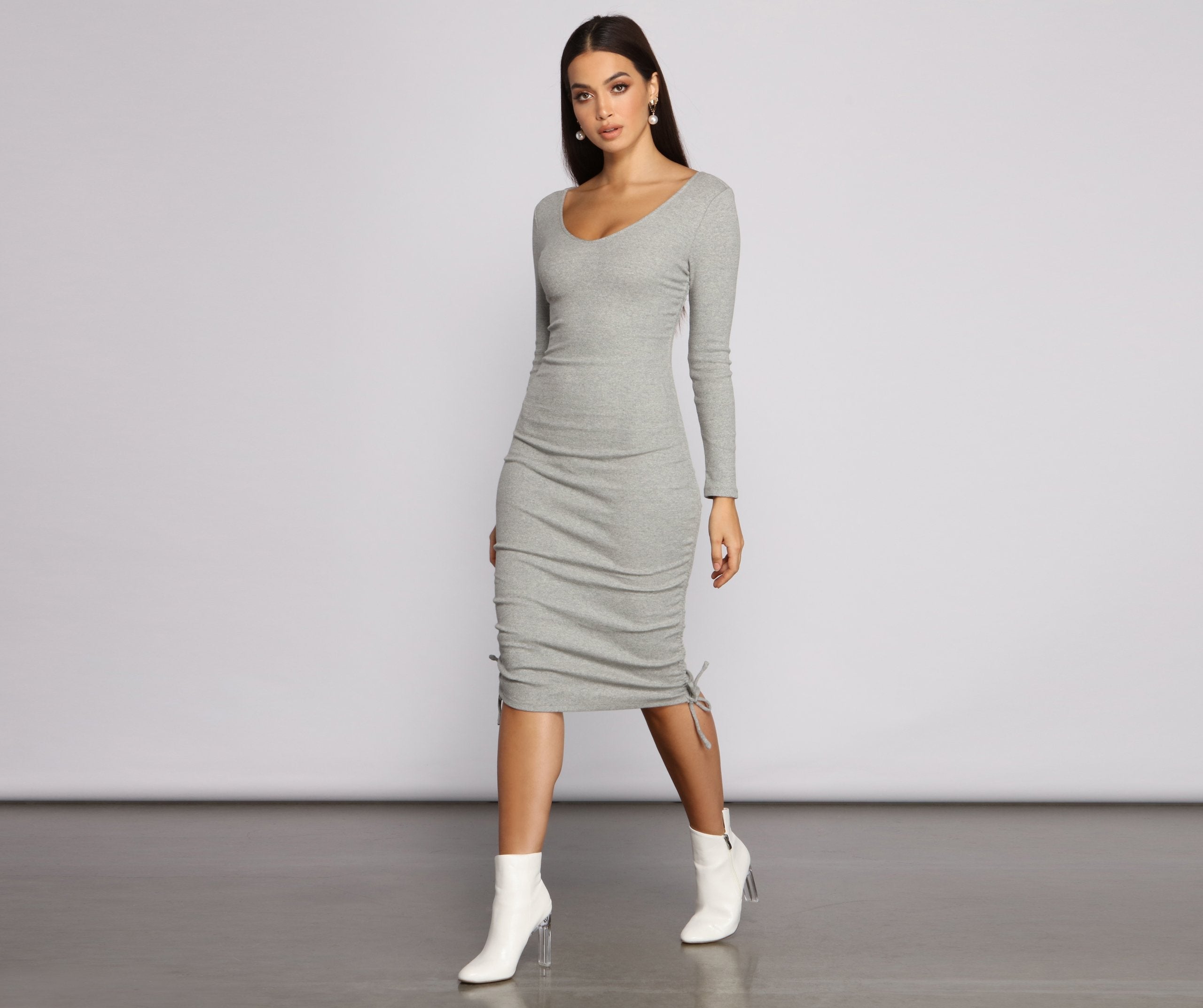 Fall Back To Basics Ribbed Knit Ruched Mini Dress - Lady Occasions