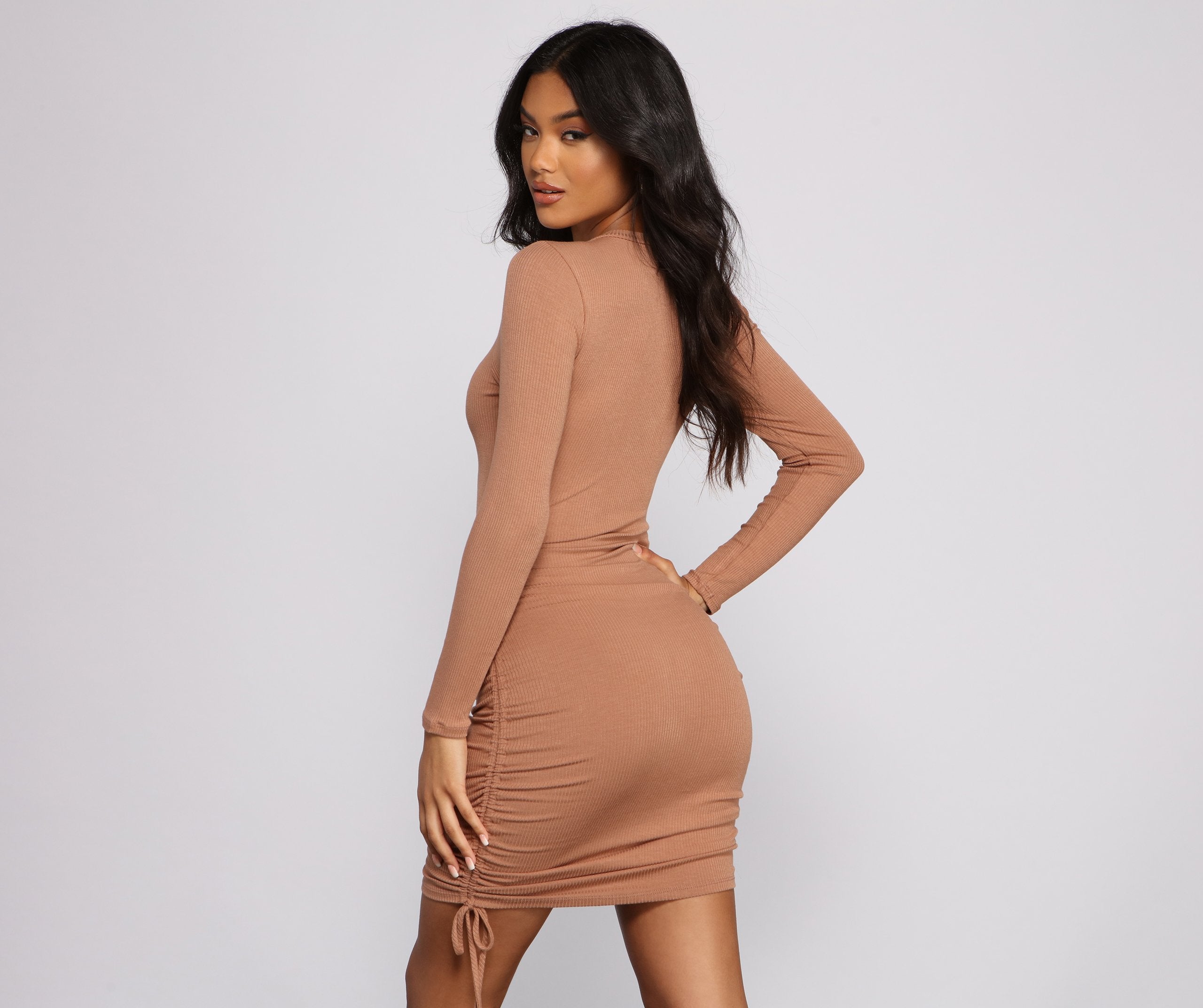 Ruched And Ribbed Knit Crew Neck Mini Dress - Lady Occasions