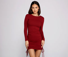 Ruched And Ribbed Knit Crew Neck Mini Dress - Lady Occasions