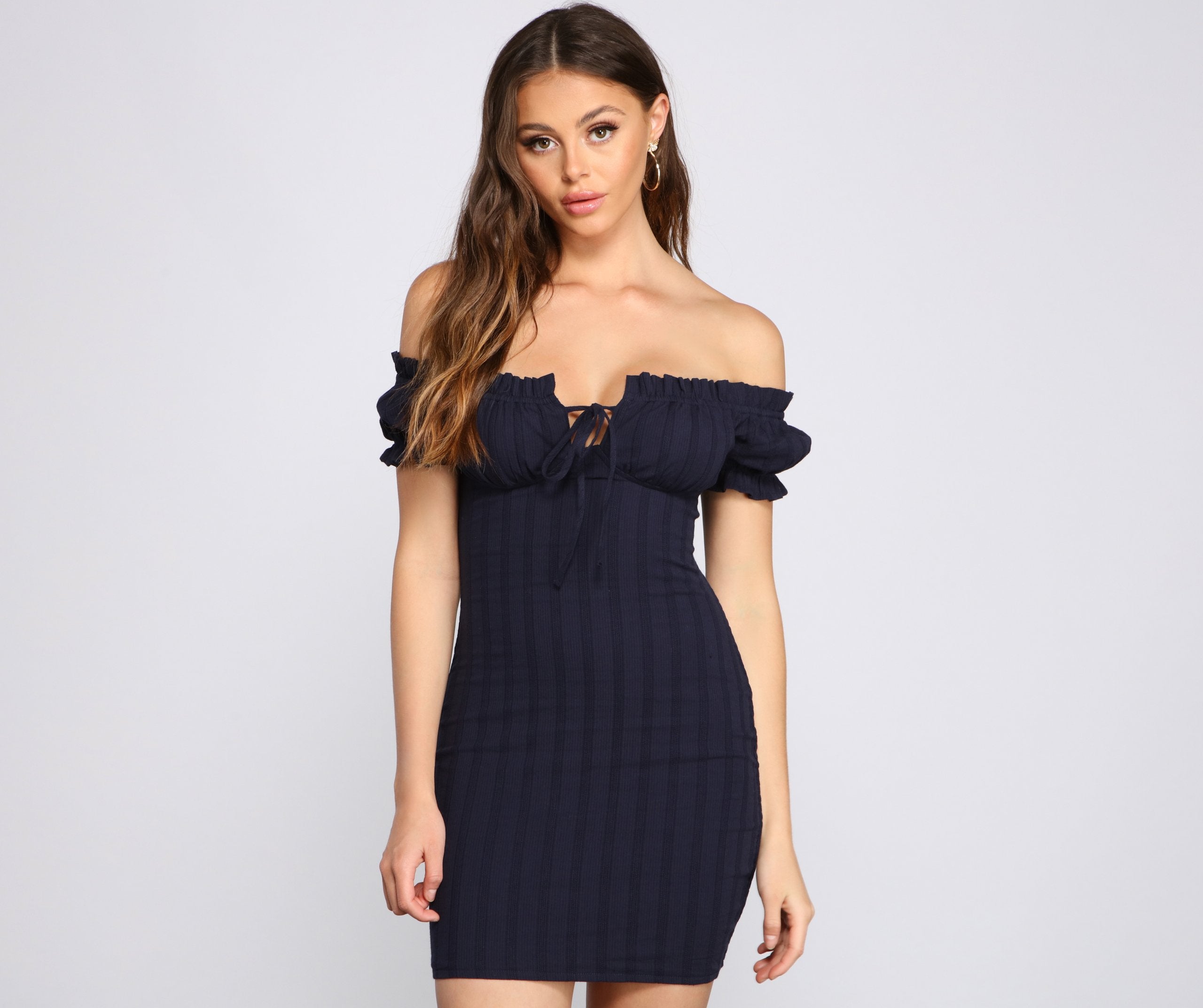 Show 'Em Off Shoulder Smocked Mini Dress