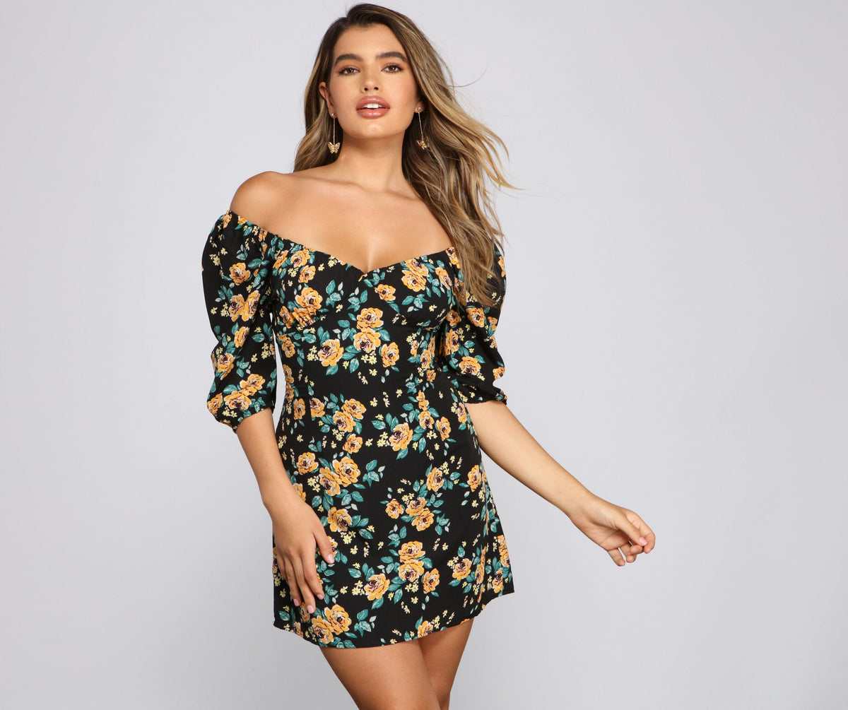 Floral Frenzy Off The Shoulder Skater Dress - Lady Occasions