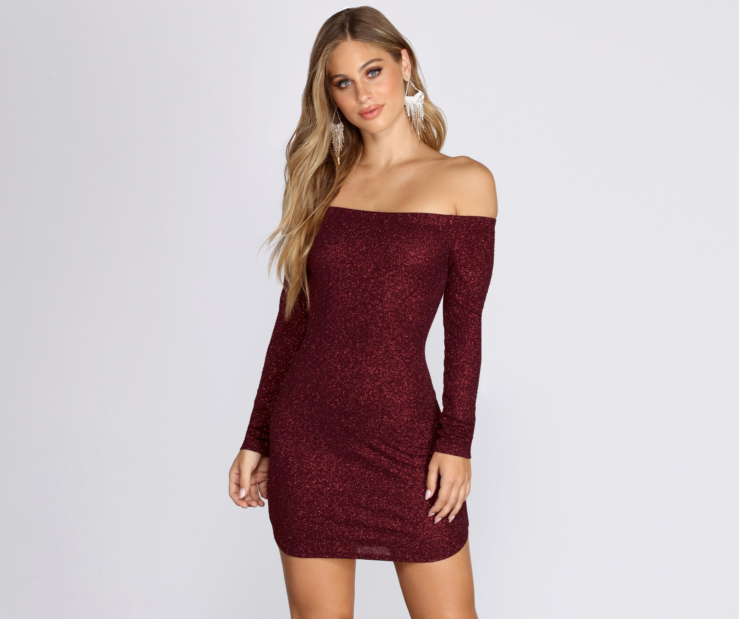 Off Shoulder Long Sleeve Glittering Mini Dress - Lady Occasions