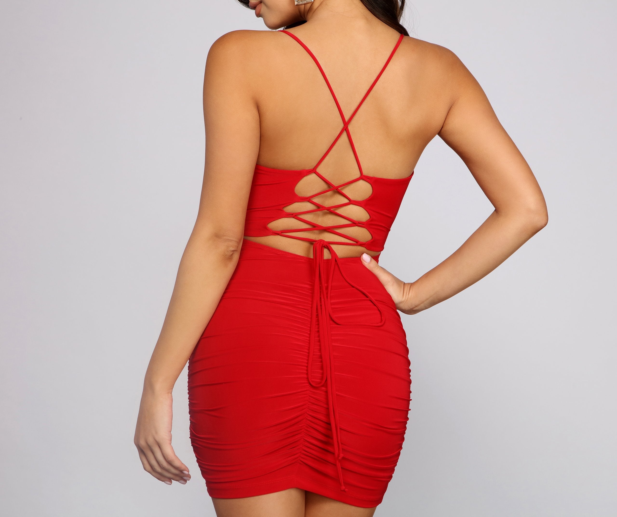 Ruched to The Max Lace Up Mini Dress - Lady Occasions