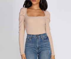 Pleated Puff Sleeve Bodysuit - Lady Occasions