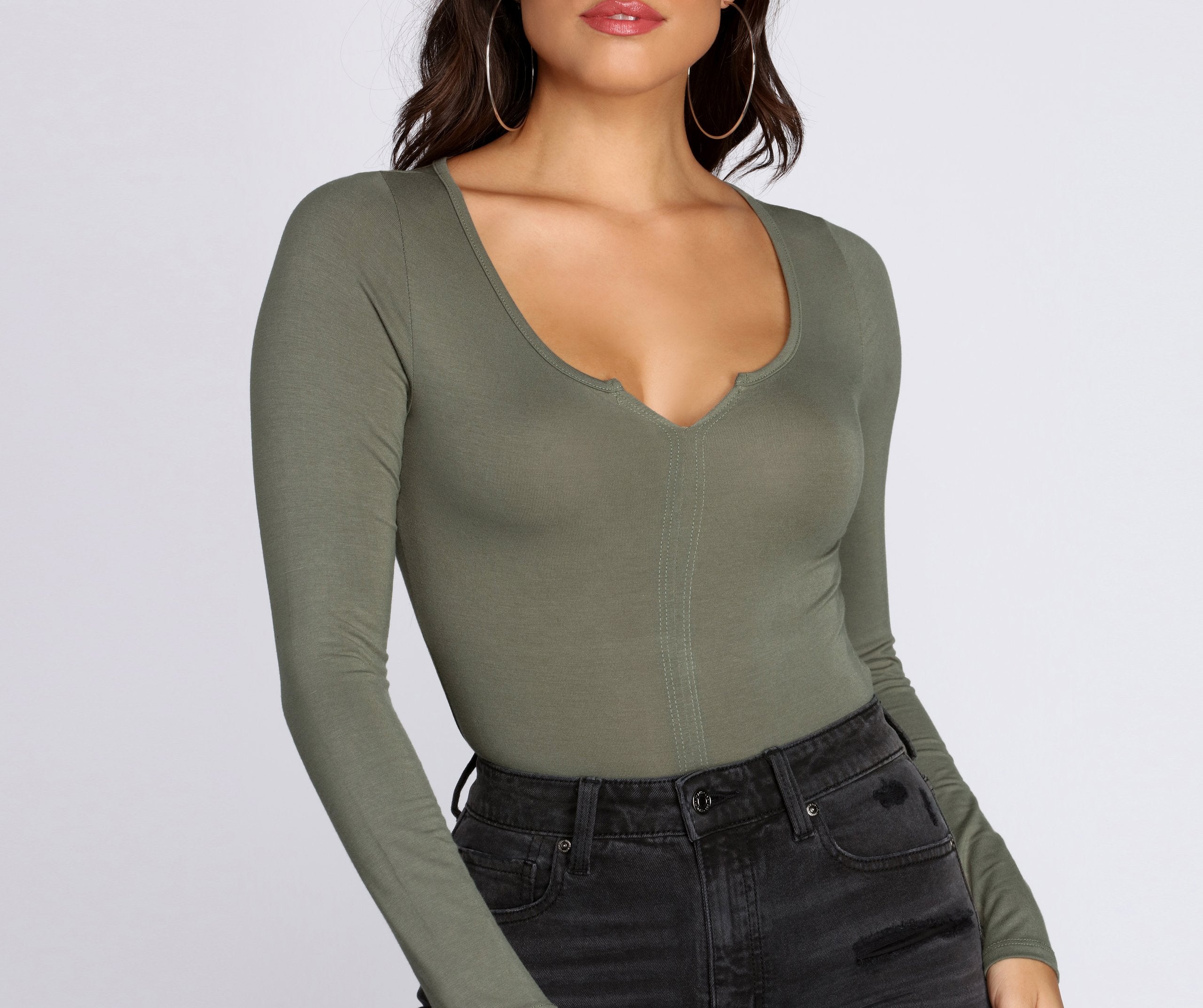 Long Sleeve Notched Bodysuit - Lady Occasions