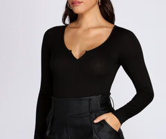 Long Sleeve Notched Bodysuit - Lady Occasions