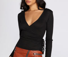 Ribbed Knit Tie Front Wrap Top - Lady Occasions