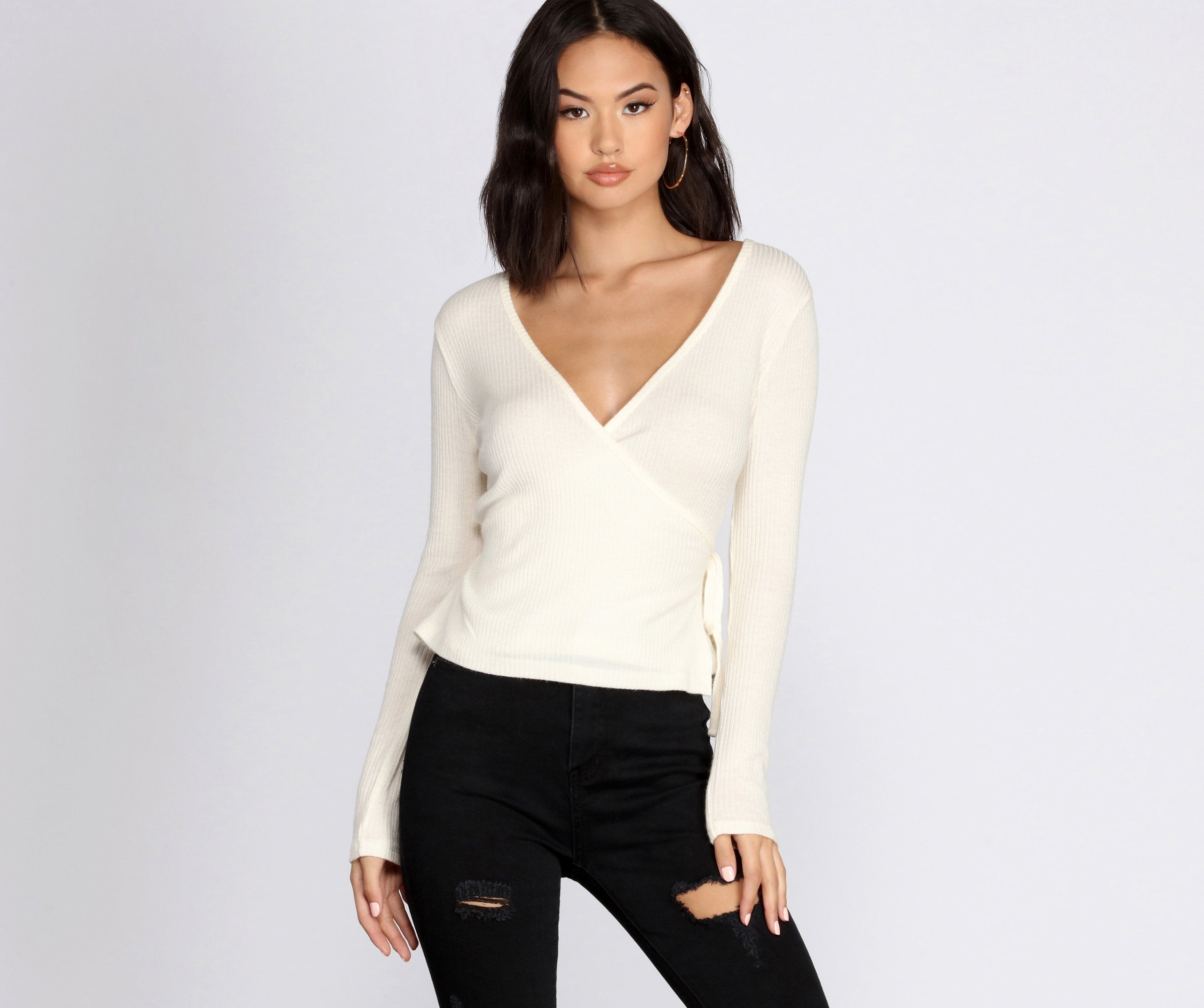 Ribbed Knit Tie Front Wrap Top - Lady Occasions