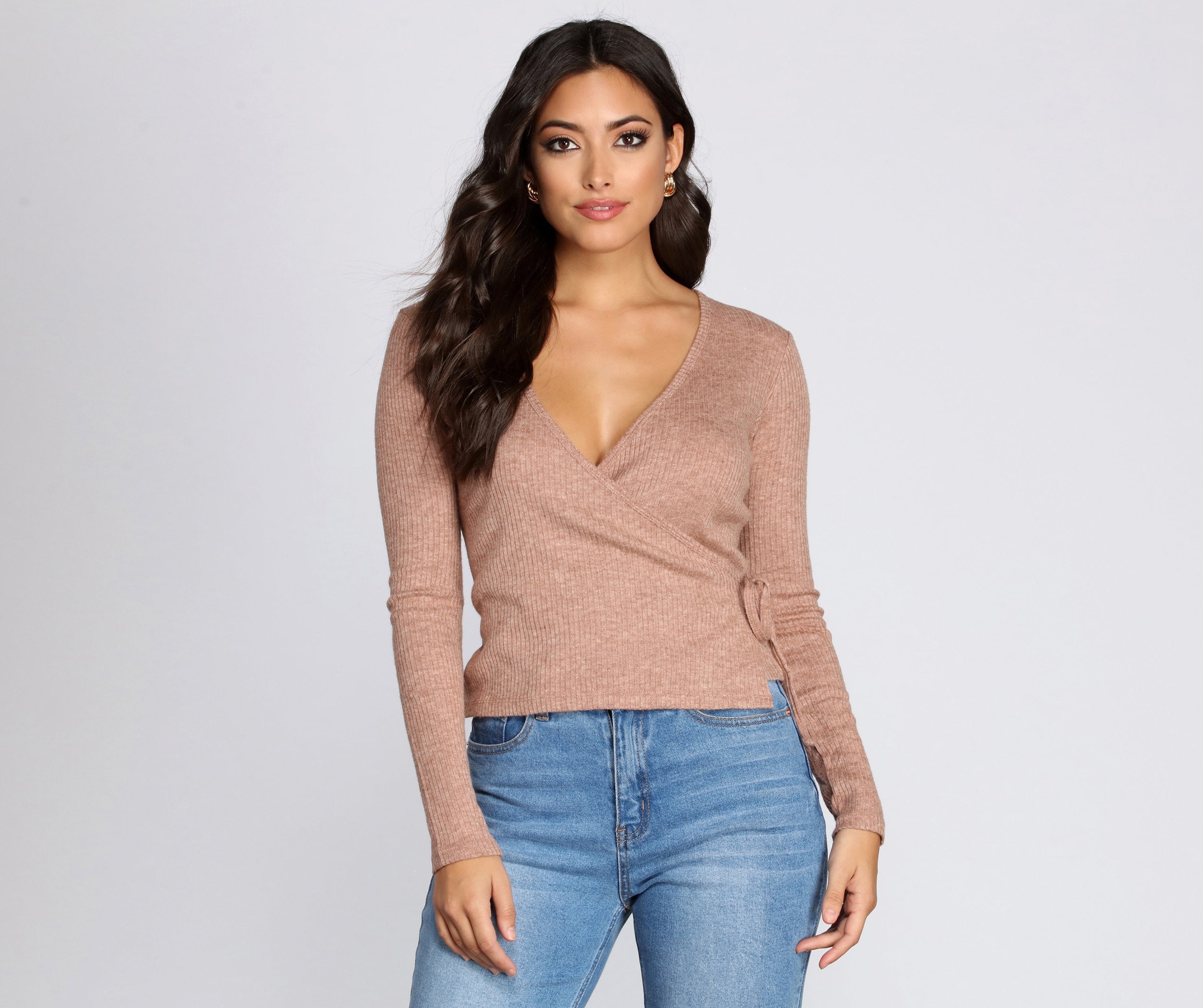 Ribbed Knit Tie Front Wrap Top - Lady Occasions