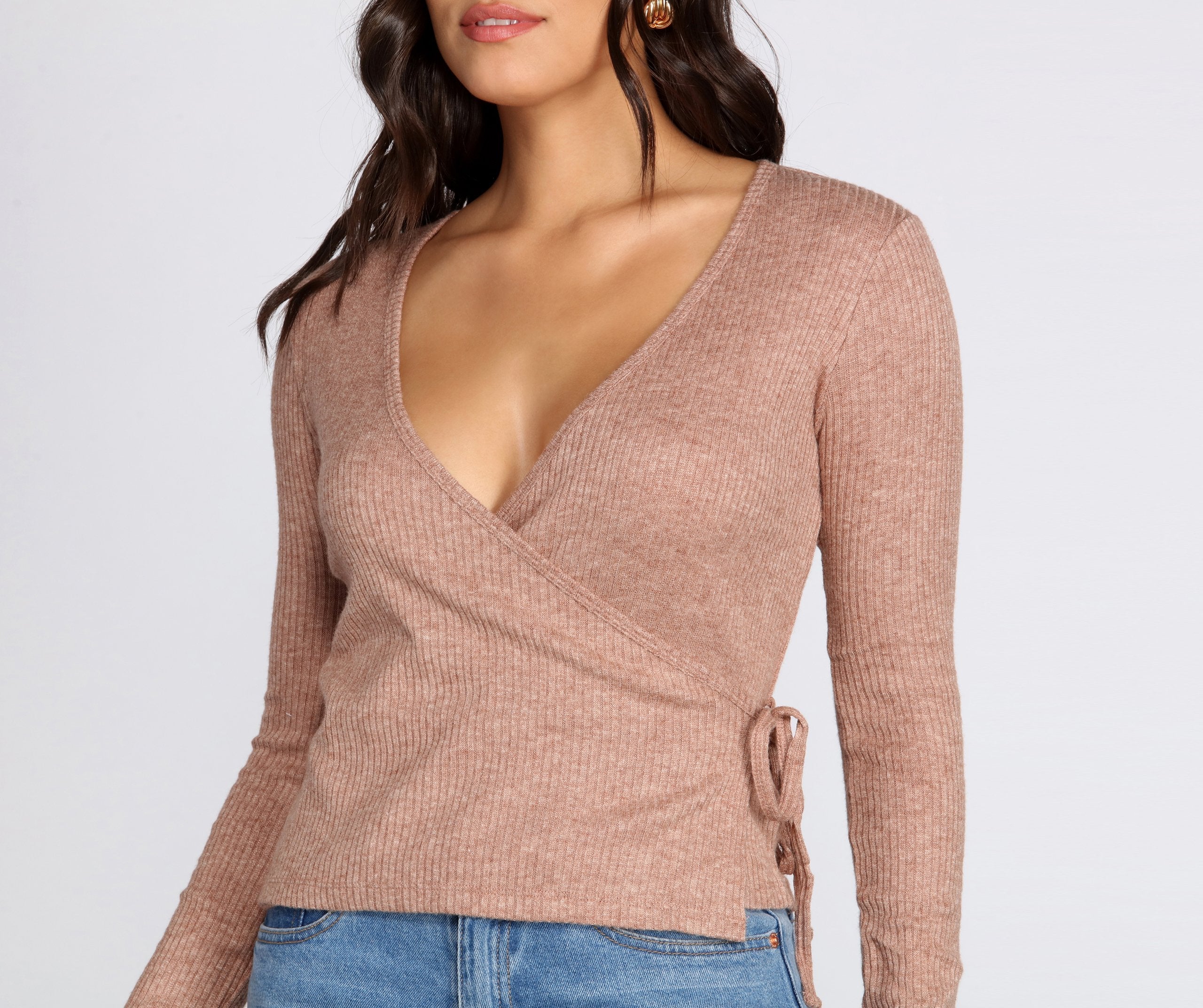 Ribbed Knit Tie Front Wrap Top - Lady Occasions